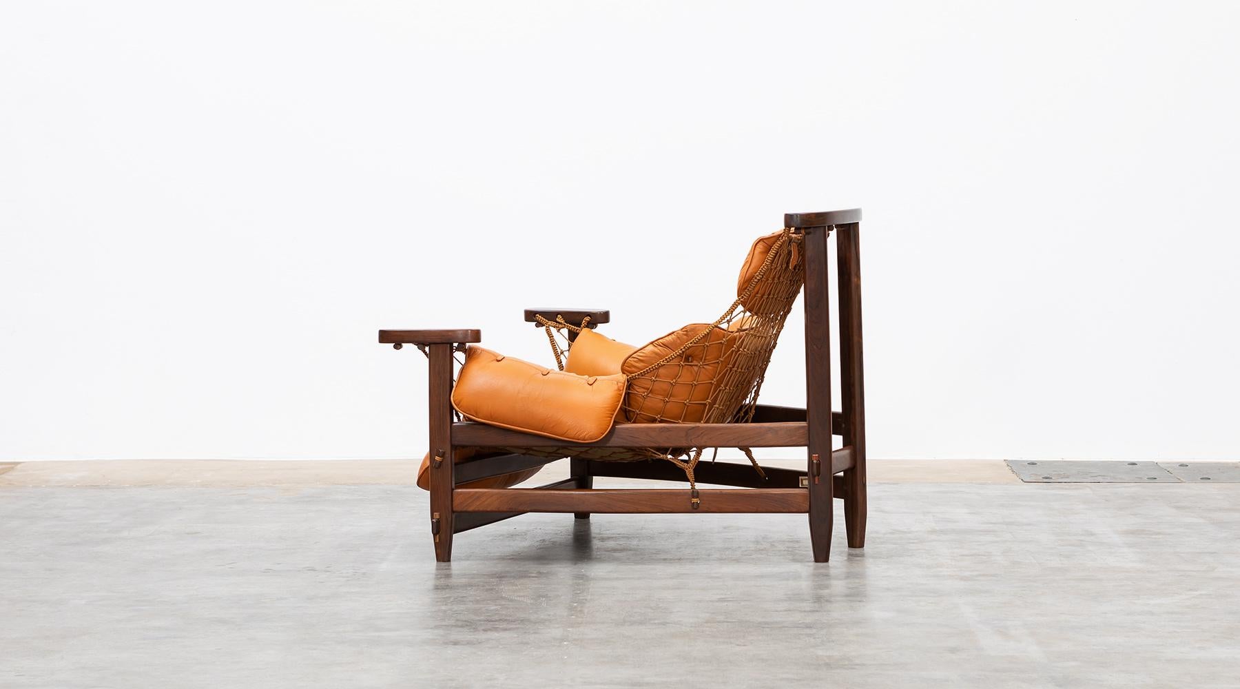 Brazilian 1960s wood, leather cushion Lounge Chair and Ottoman by Jean Gillon