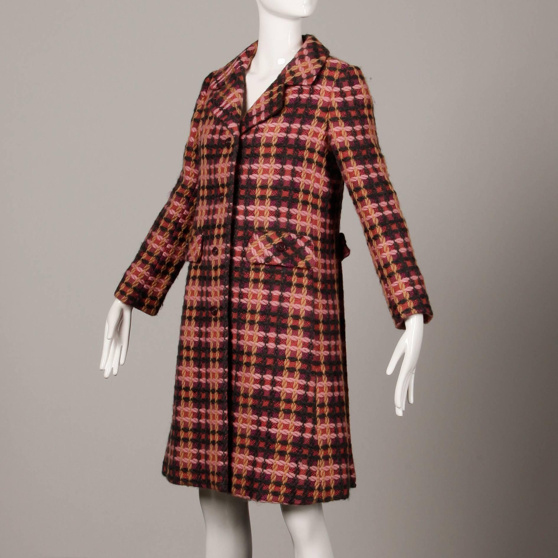 Women's 1960s Jack Feit for Nan Duskin Vintage Pink Plaid Heavy Wool Coat For Sale