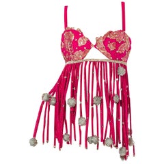 Vintage 1960S Jacquard Burlesque Pink Costume Bra And Panties Set With Crystals Pom Poms