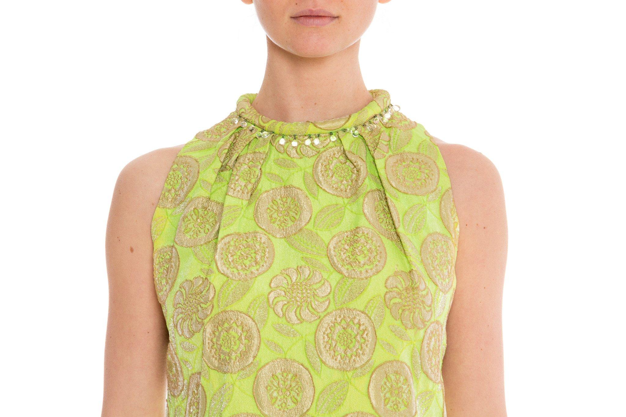 1960S Lime Green Floral Rayon Blend Jacquard Dress For Sale 3