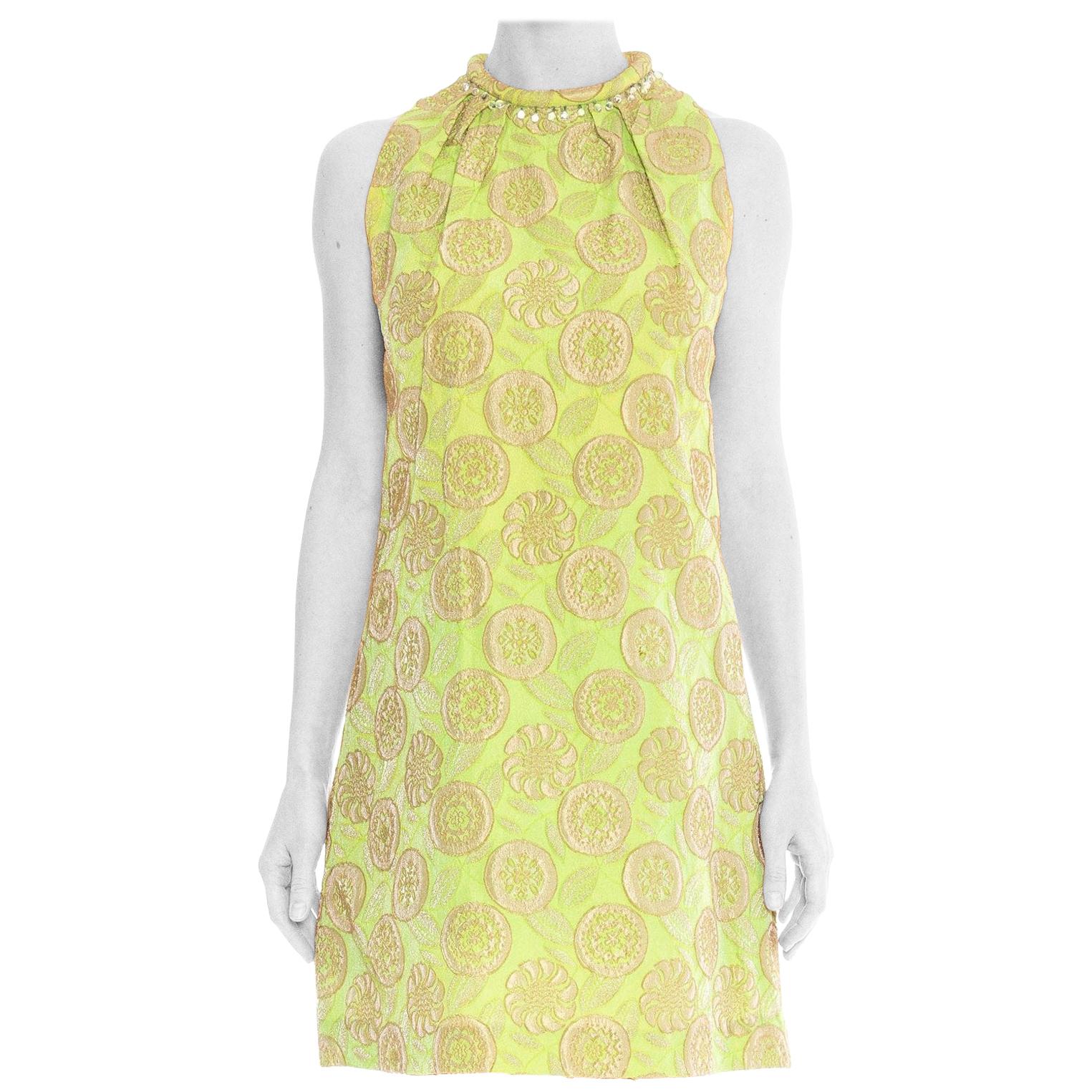 1960S Lime Green Floral Rayon Blend Jacquard Dress For Sale