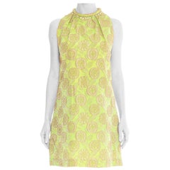 1960S Lime Green Floral Rayon Blend Jacquard Dress
