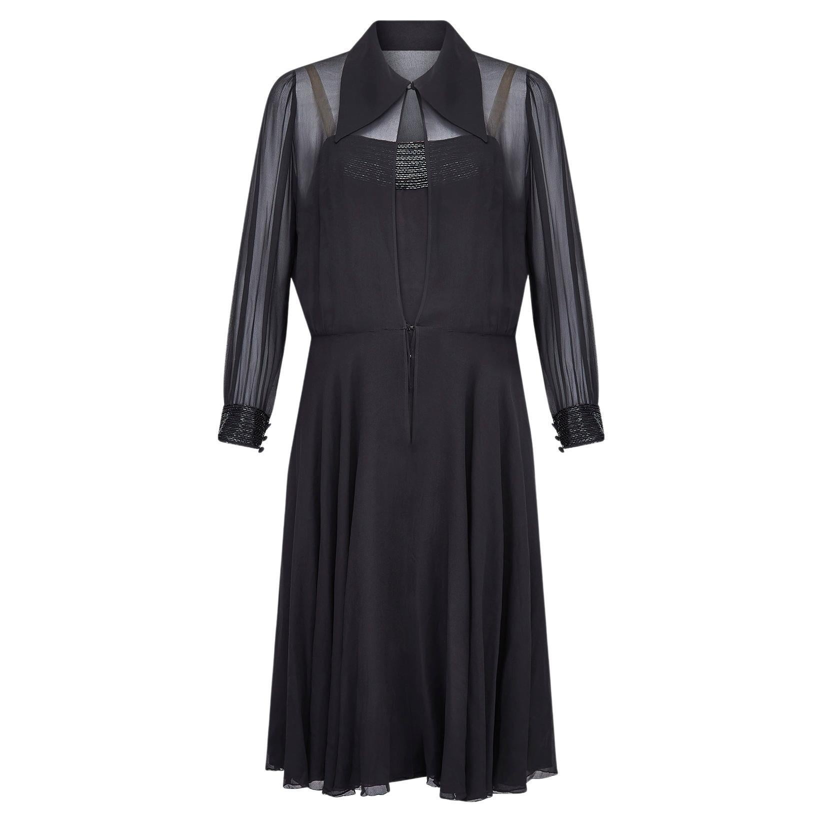 1960s Jacqueline Godard Couture Black Silk Chiffon Dress Ensemble For Sale