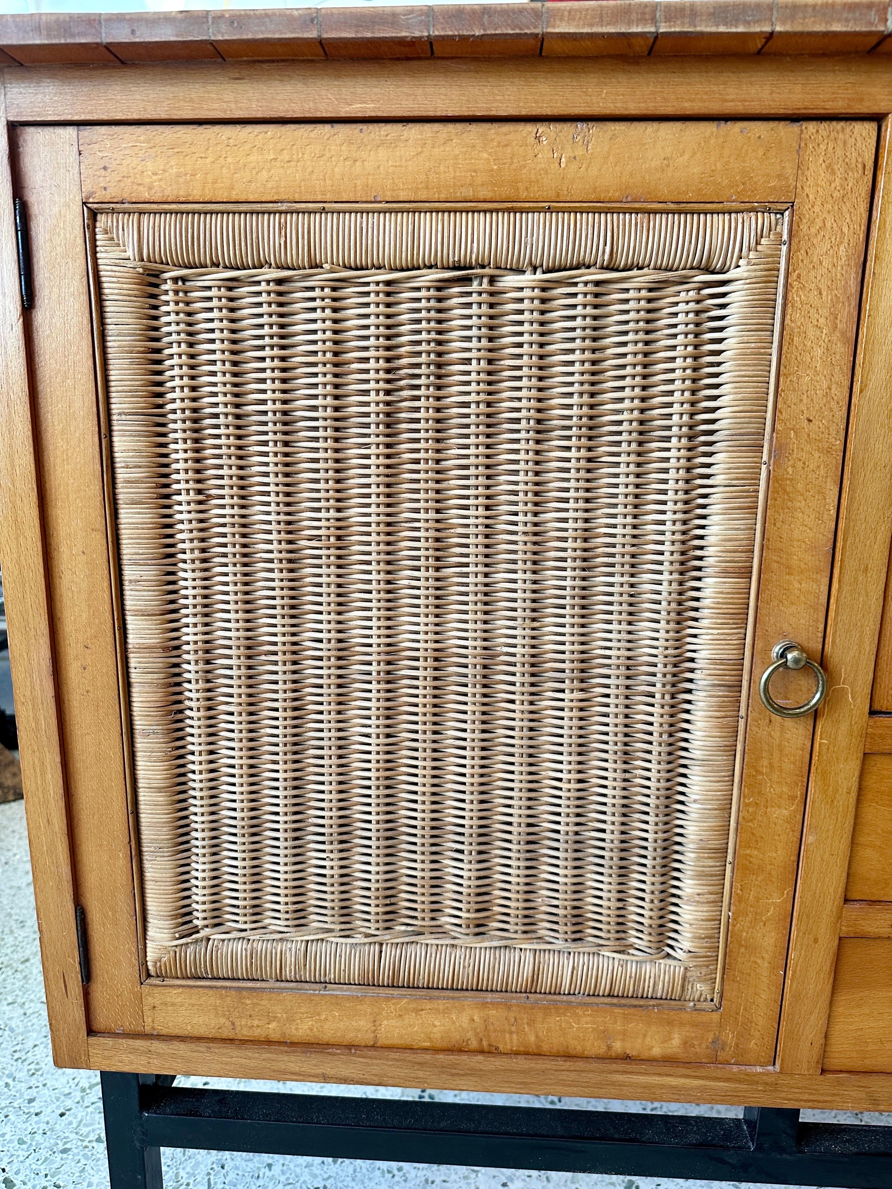 1960's Jacques Adnet Style French Walnut and Wicker Cabinet 4