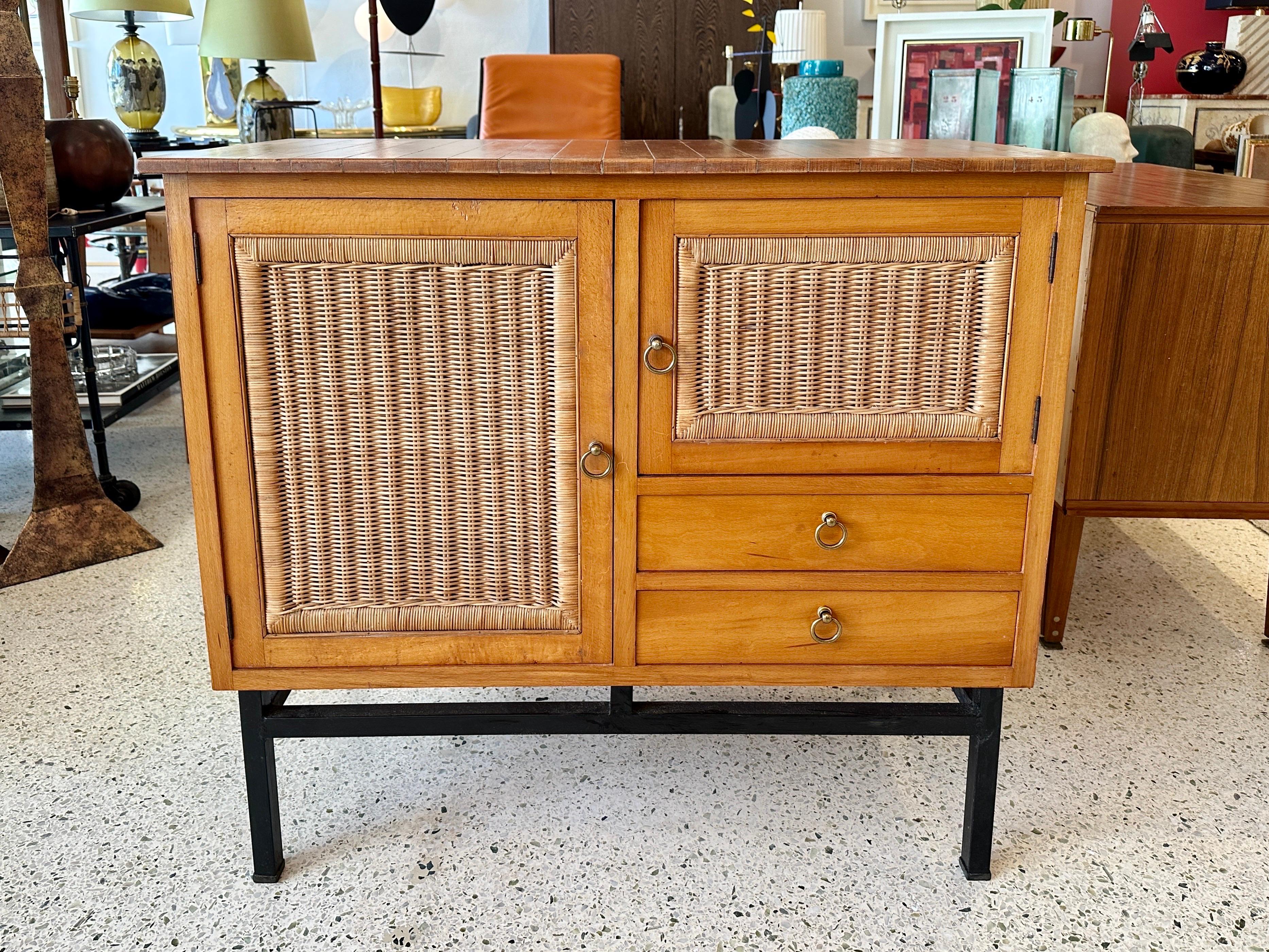 Mid-20th Century 1960's Jacques Adnet Style French Walnut and Wicker Cabinet