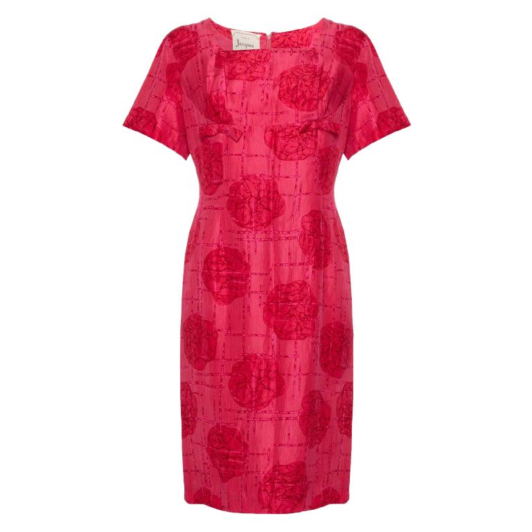 1960s Jacques Cerise Silk Abstract Rose Print Dress For Sale