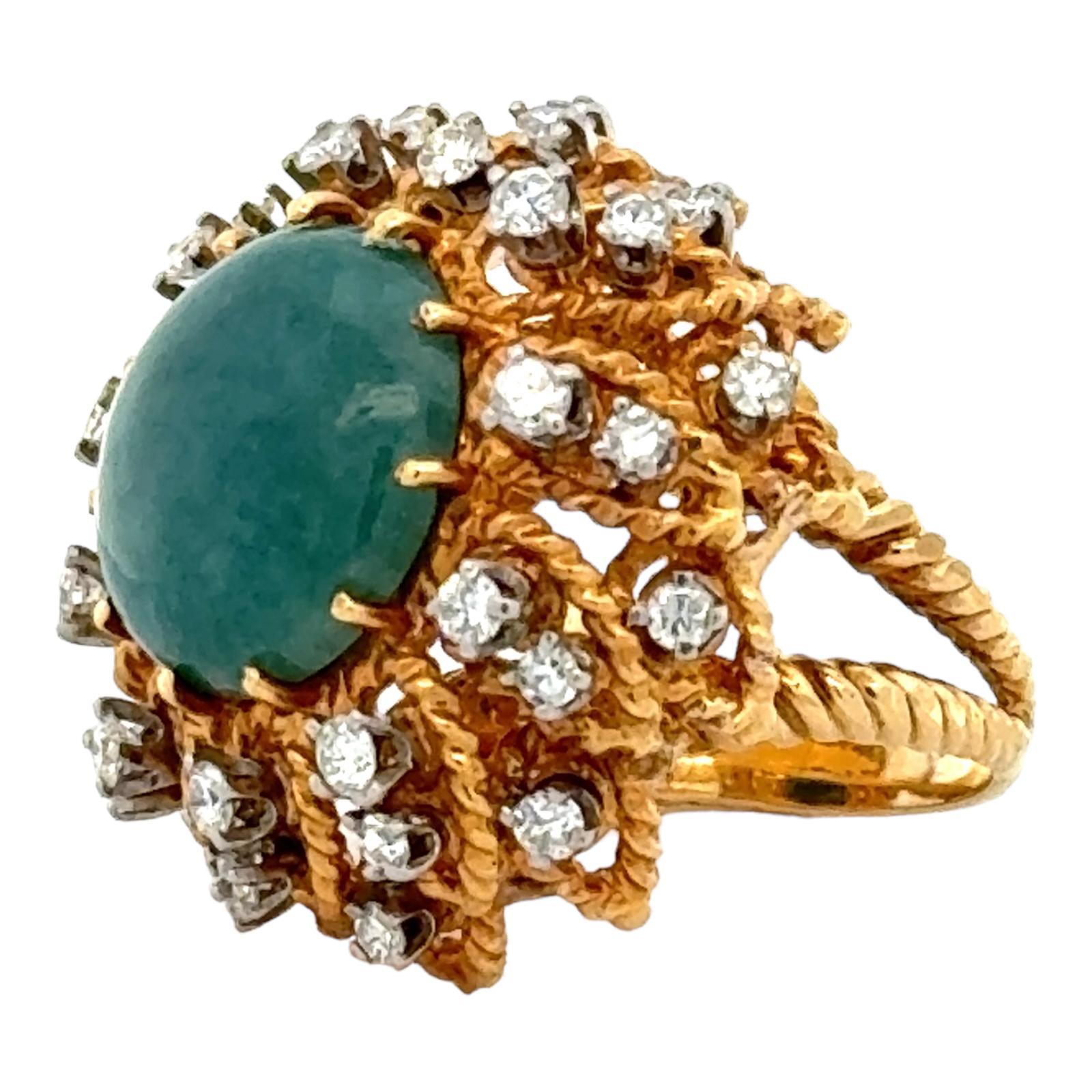 Cabochon 1960's Jade Diamond 18 Karat Yellow Gold Split Shank Vintage Estate Ring For Sale