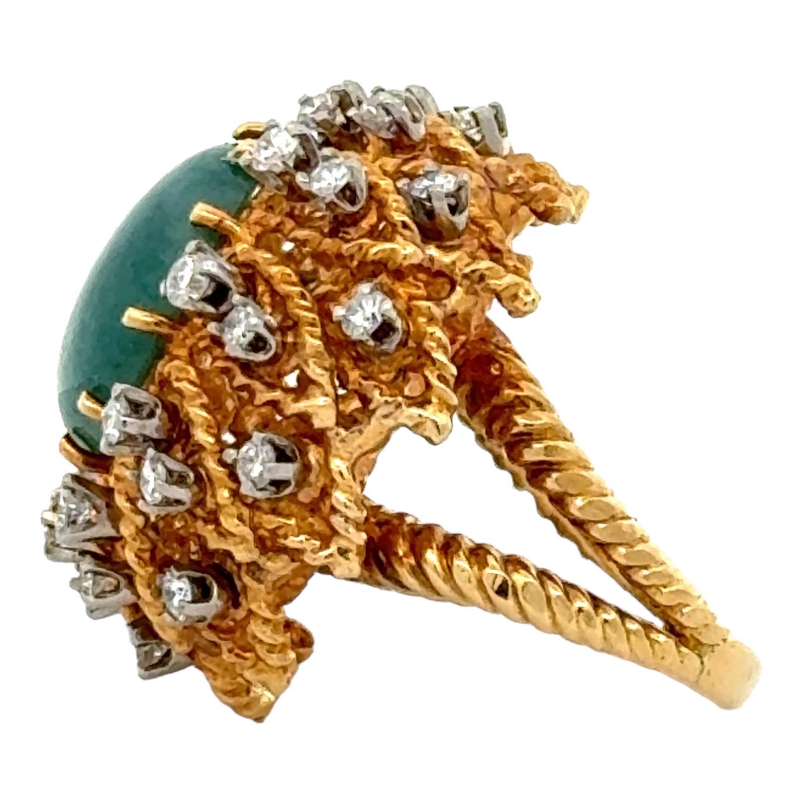 Women's 1960's Jade Diamond 18 Karat Yellow Gold Split Shank Vintage Estate Ring For Sale