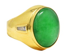 1960's Jade Diamond 18 Karat Yellow Gold Unisex Vintage Signet Ring