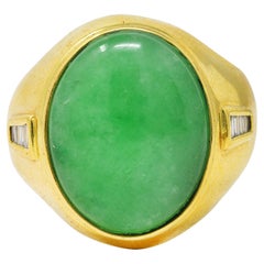 1960's Jade Diamond 18 Karat Yellow Gold Unisex Vintage Signet Ring