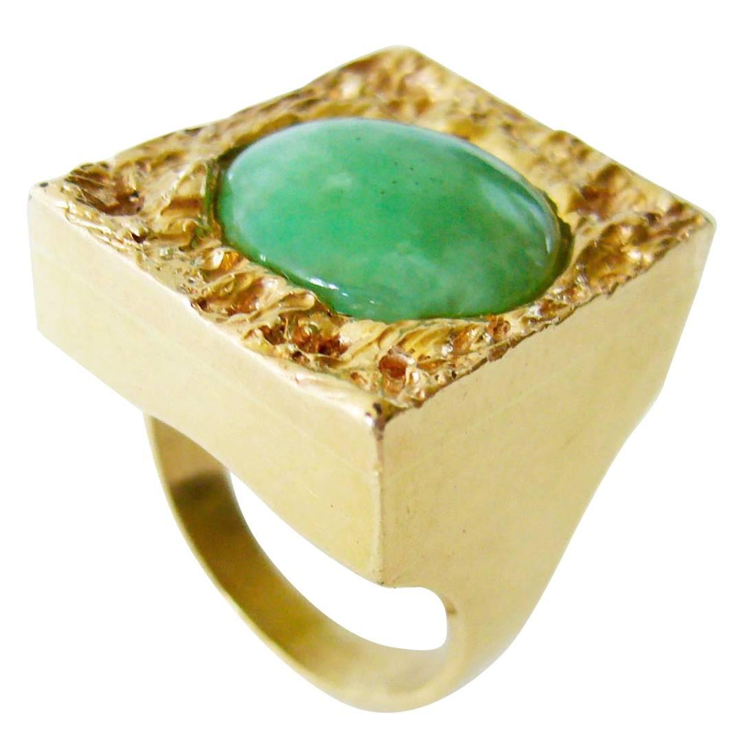 1960's Jade Gold Textured Modernist Ring