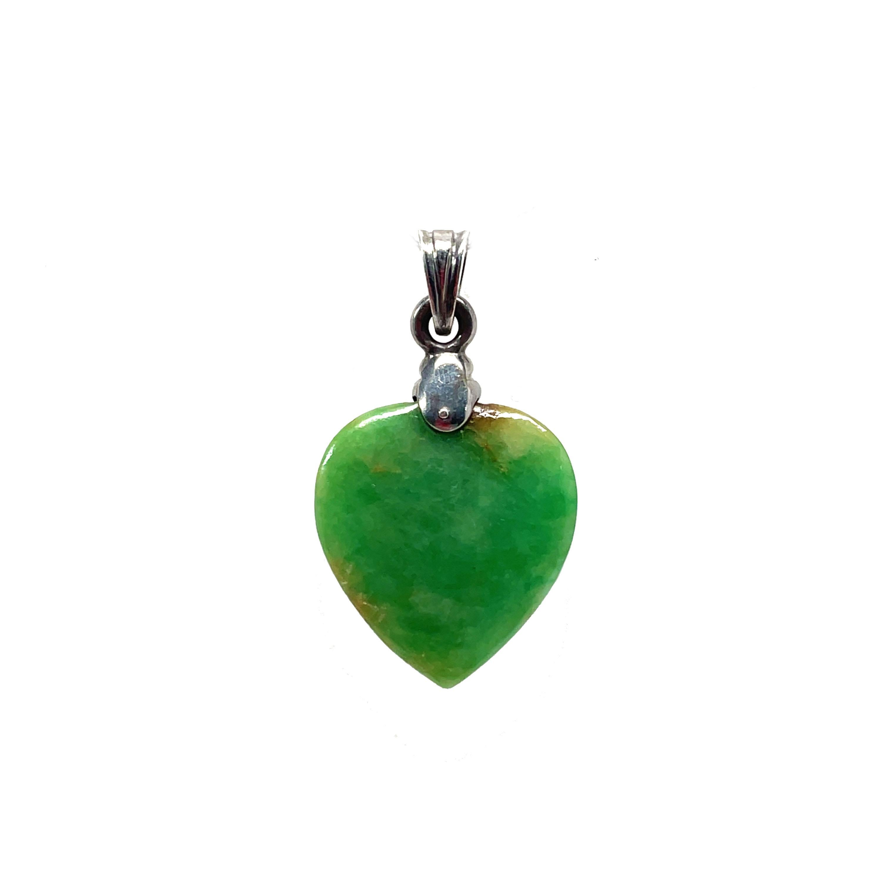 Retro 1960s Jadeite Heart and Diamond Sterling Silver Pendant For Sale