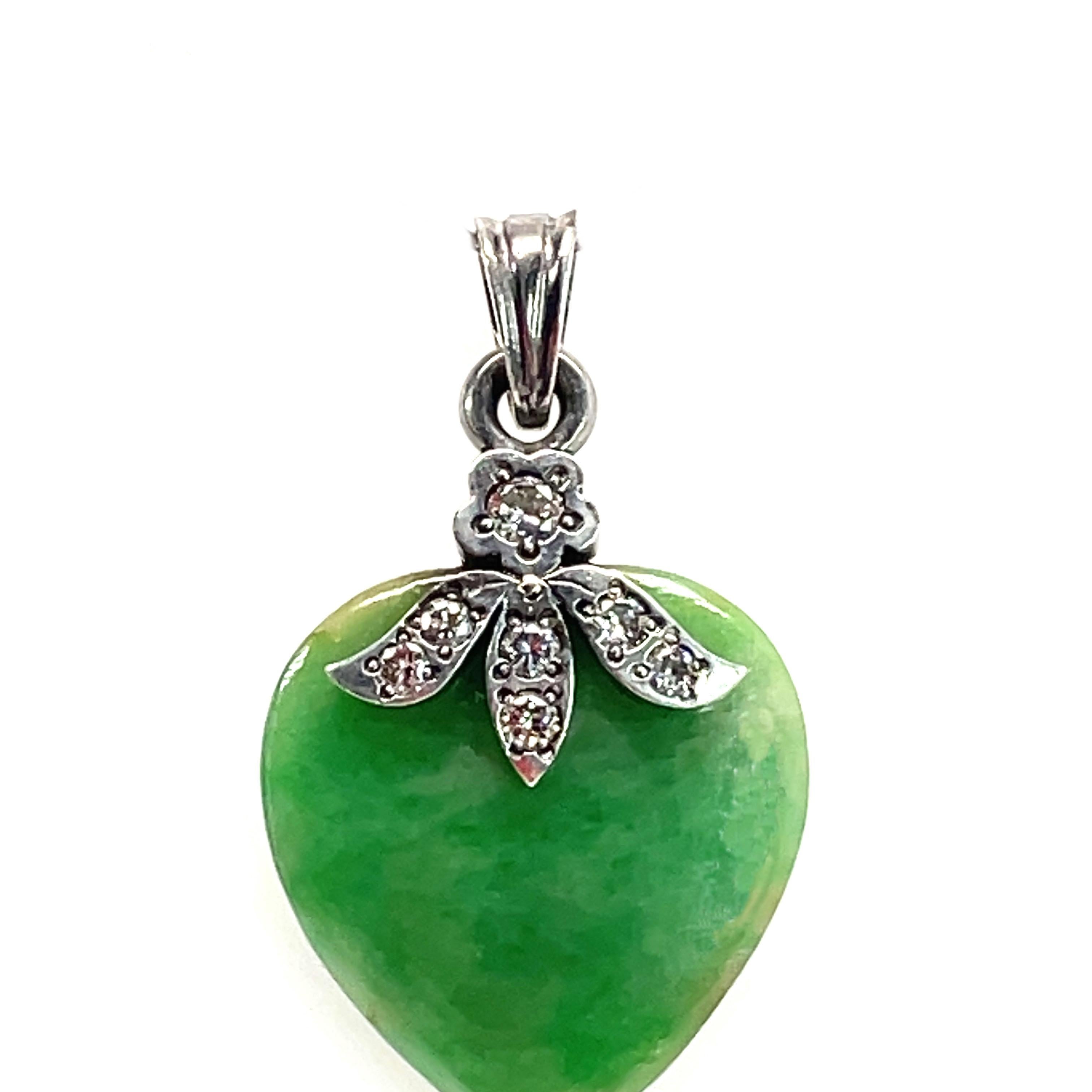 1960s Jadeite Heart and Diamond Sterling Silver Pendant In Excellent Condition For Sale In Lexington, KY