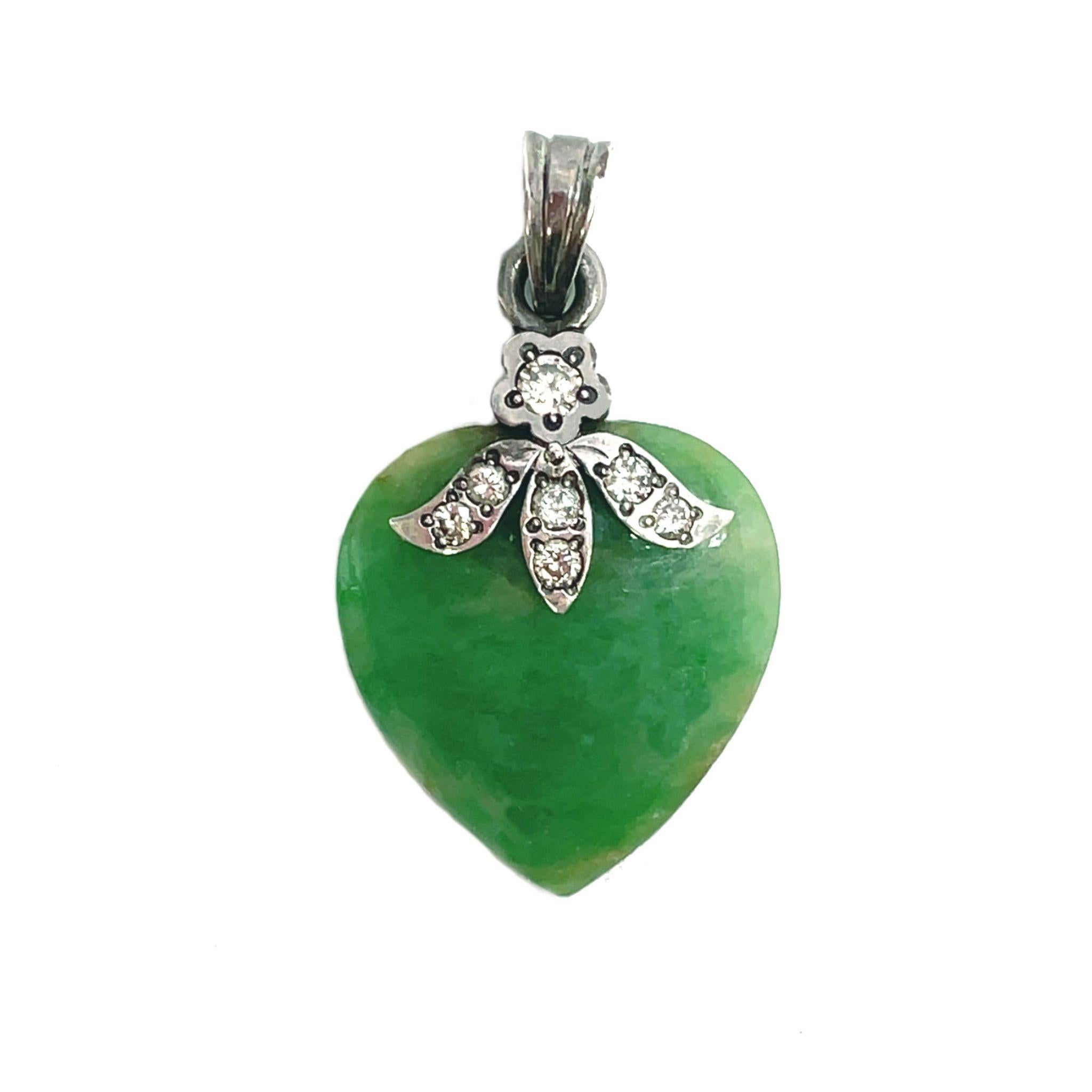 Women's or Men's 1960s Jadeite Heart and Diamond Sterling Silver Pendant For Sale
