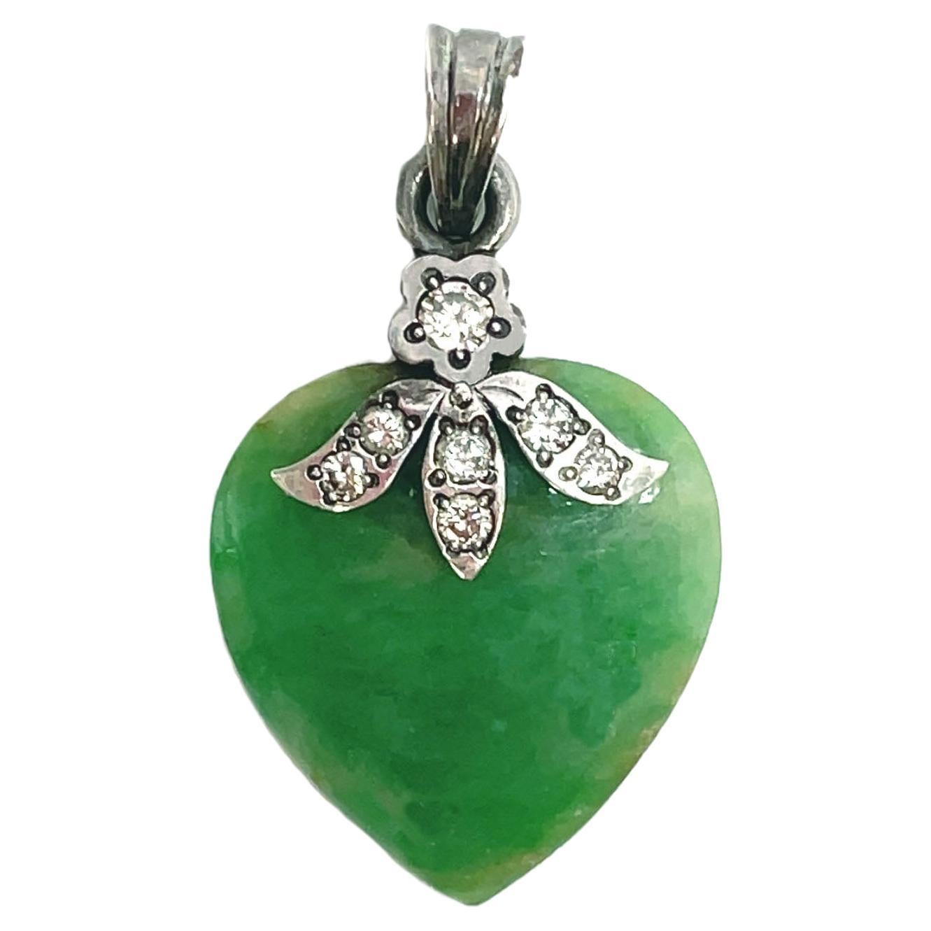 1960s Jadeite Heart and Diamond Sterling Silver Pendant For Sale