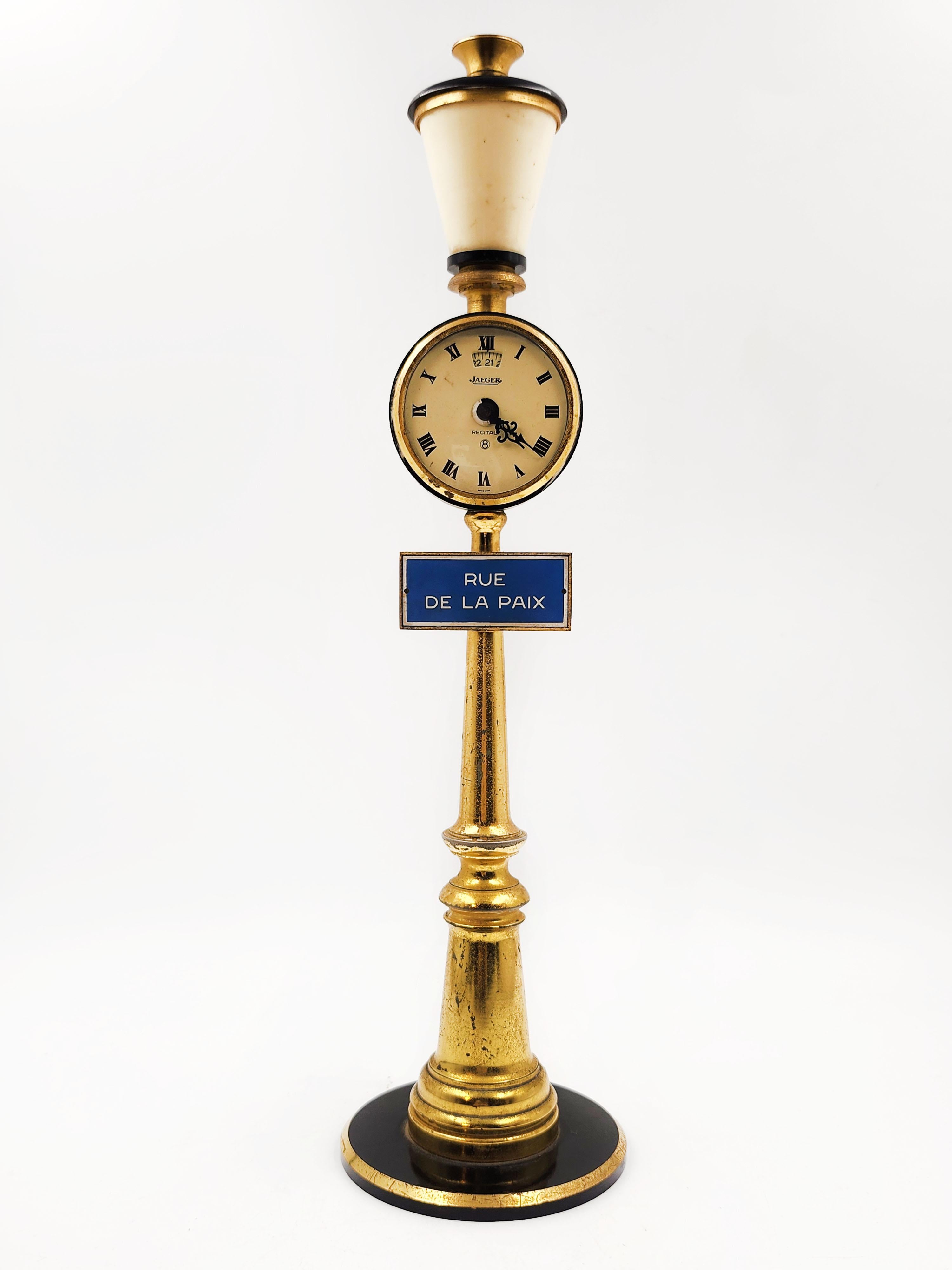 1960s Jaeger Lecoultre Mantel Clock Rue De La Paix Clock

Beautiful vintage Jaeger Le Coultre miniature lamppost clock for table or desk. It has been tested and works.

It has a straight elevator, monometallic balance, jeweled lever movement, silver
