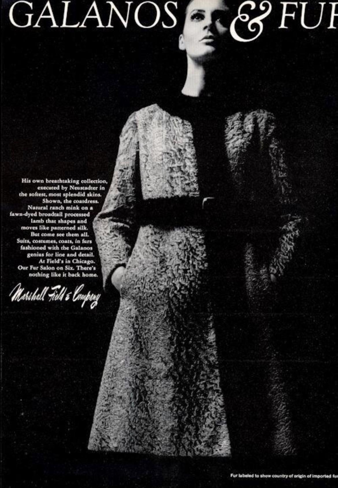 Presenting an incredible black Persian lamb James Galanos couture dress and jacket set. From the 1960s, this fabulous set consists of a dress and matching coat constructed entirely of Persian lamb fur. A 1968 Galanos ad for Marshall Field