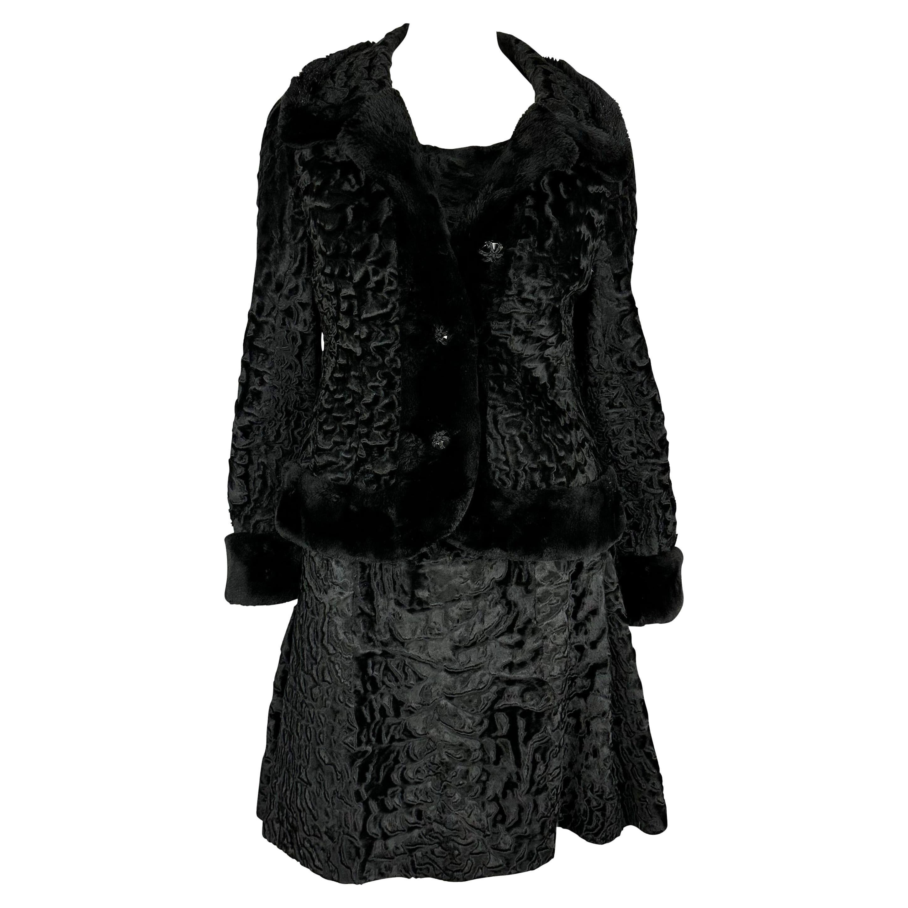 1960s James Galanos Black Persian Lamb Fur Flare Dress Jacket Set