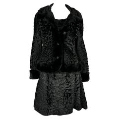 Vintage 1960s James Galanos Black Persian Lamb Fur Flare Dress Jacket Set