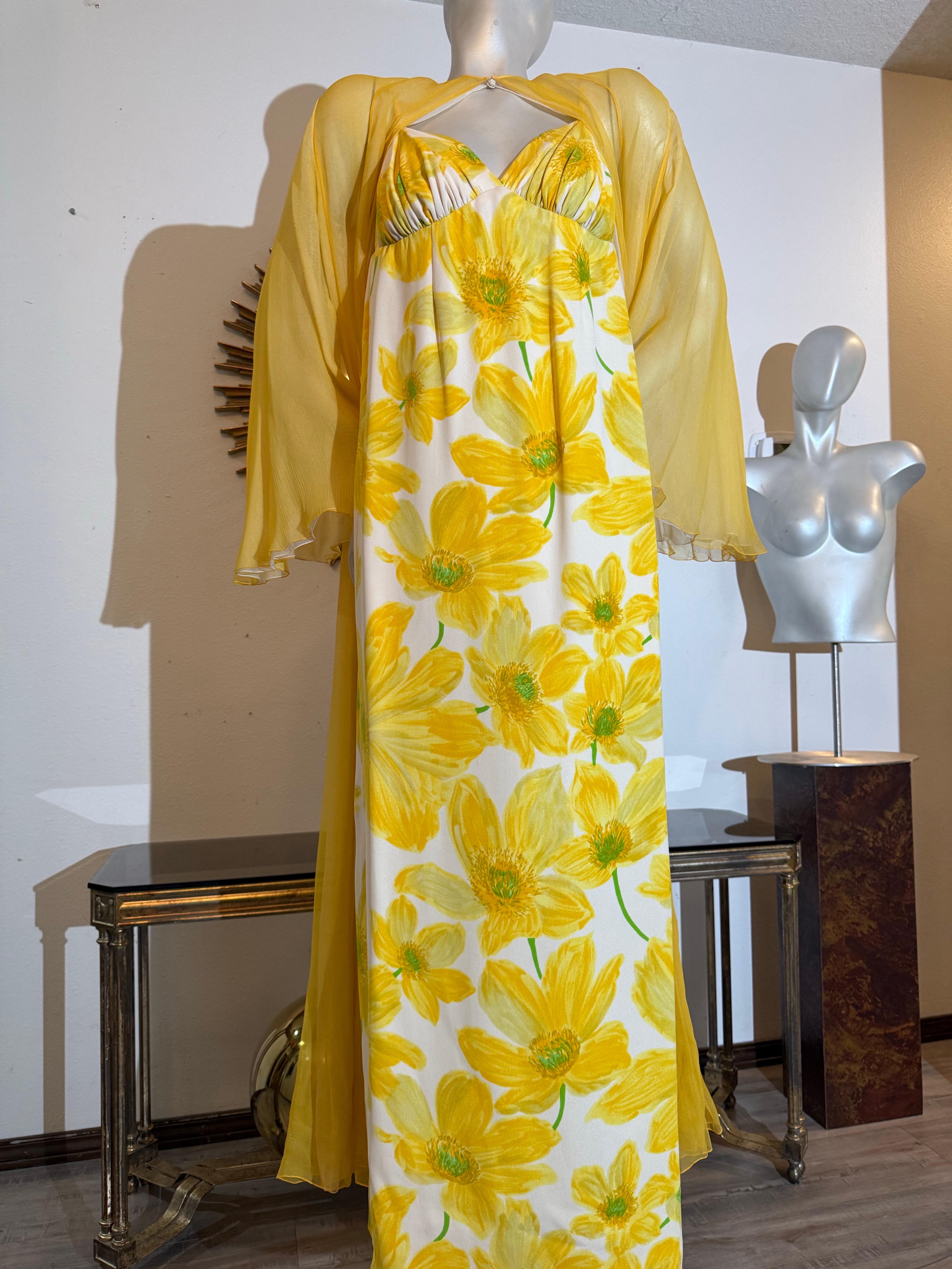 James Galanos, 1960 Robe longue Empire imprimée marguerite avec plumeau en mousseline coordonné en vente 8