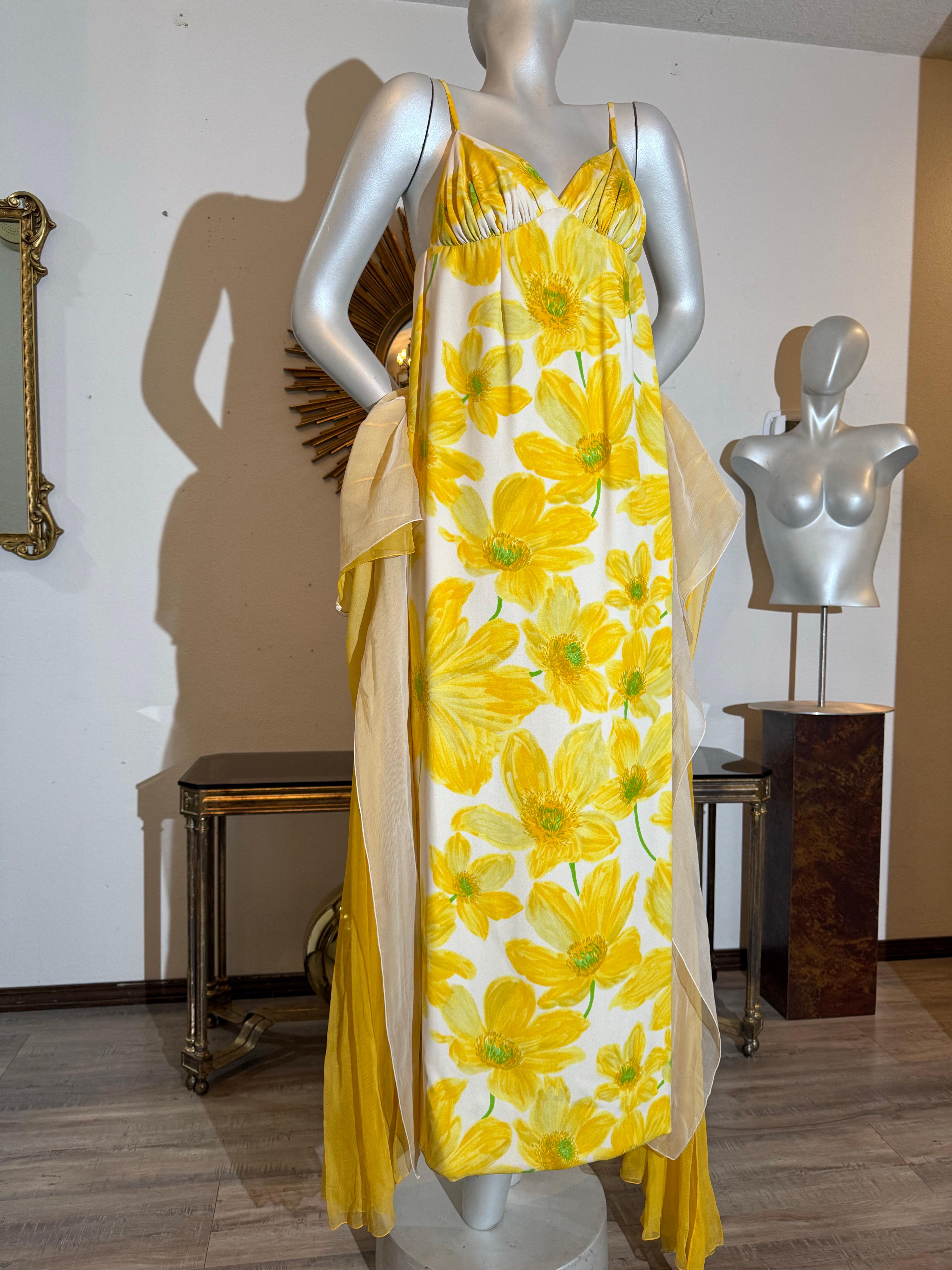 James Galanos, 1960 Robe longue Empire imprimée marguerite avec plumeau en mousseline coordonné en vente 10