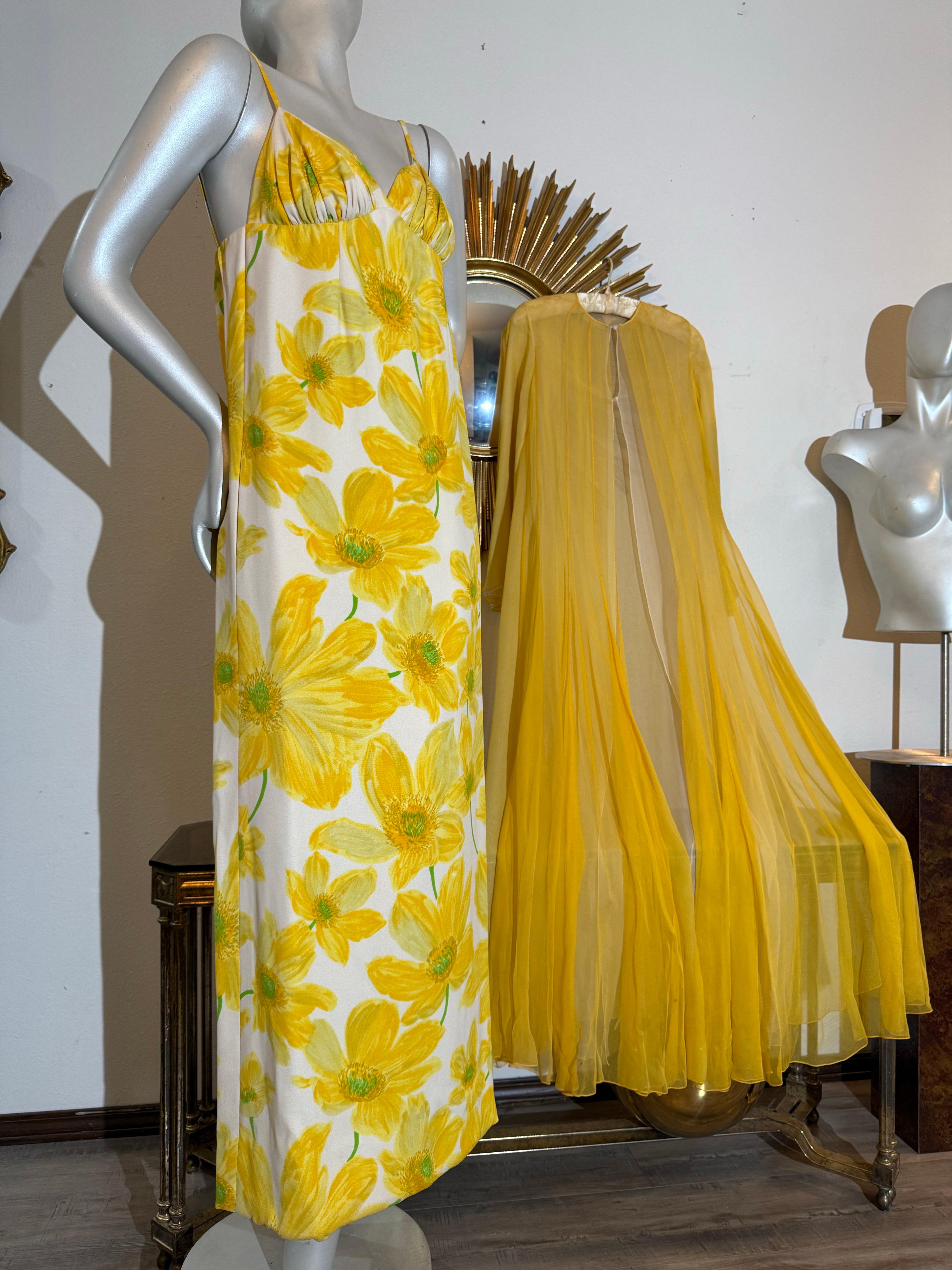 James Galanos, 1960 Robe longue Empire imprimée marguerite avec plumeau en mousseline coordonné en vente 15
