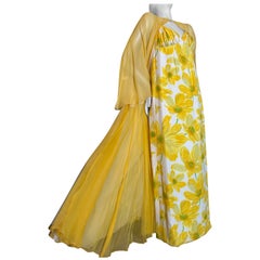 James Galanos, 1960 Robe longue Empire imprimée marguerite avec plumeau en mousseline coordonné