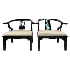 1960s James Mont Style Black Lacquer Asian Modern Chinoiserie Ming Chairs - a Pa