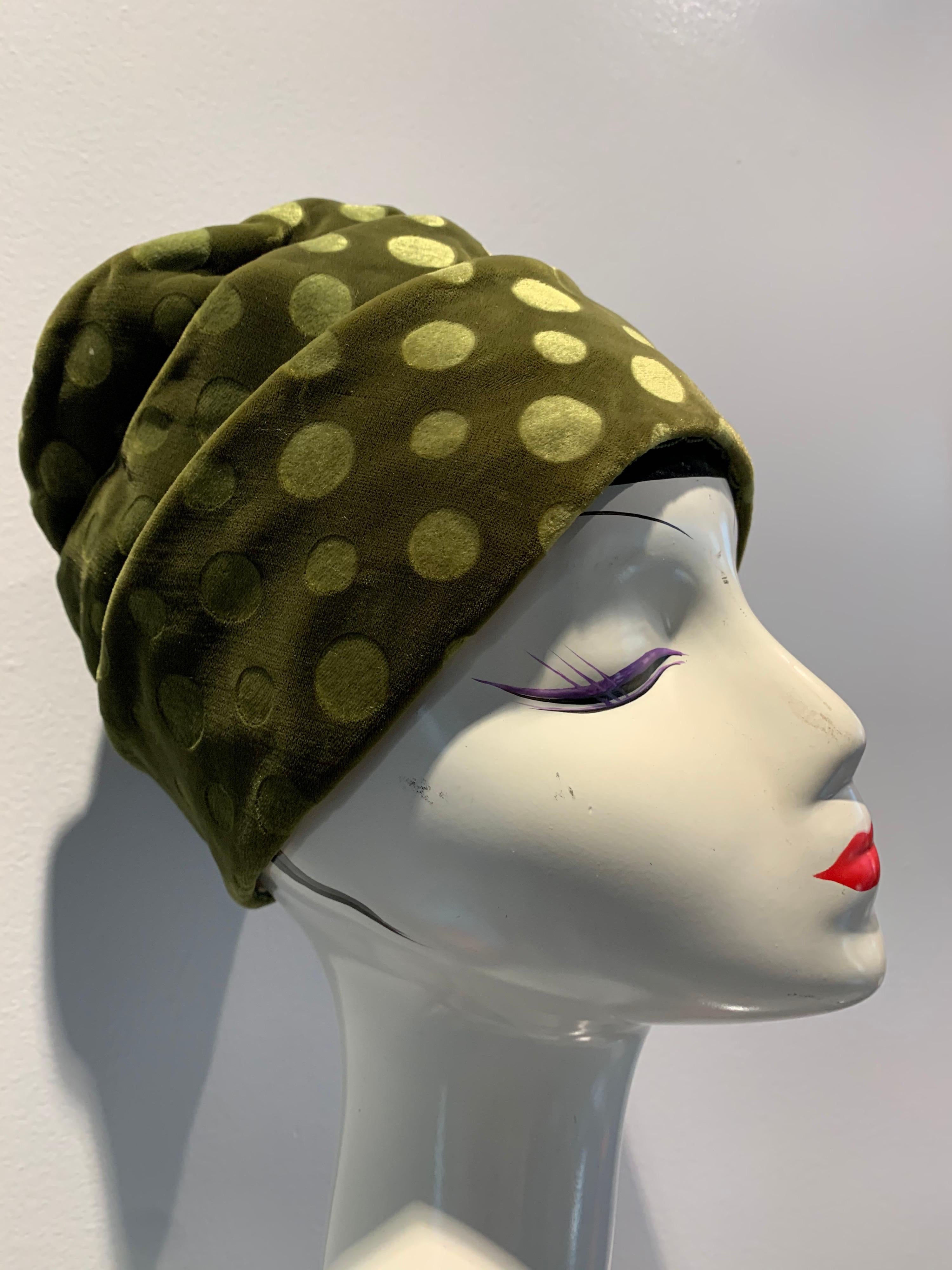 Black 1960s Jan Leslie Olive Green Polka Dot Velvet Pleated Turban-Style Toque Hat For Sale