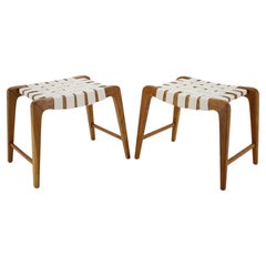 1960s Jan Vanek Pair of Oak Stools with Cotton Strips, Czechoslovakia