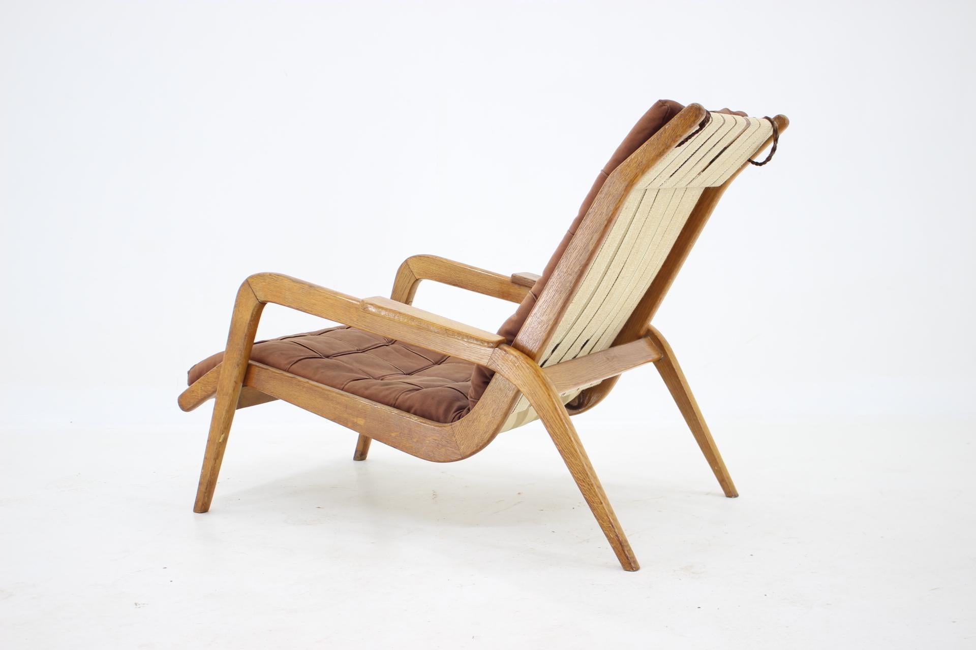 Mid-Century Modern 1960s Jan Vanek, Very Rare Relaxing Oak Armchair, Czechoslovakia For Sale