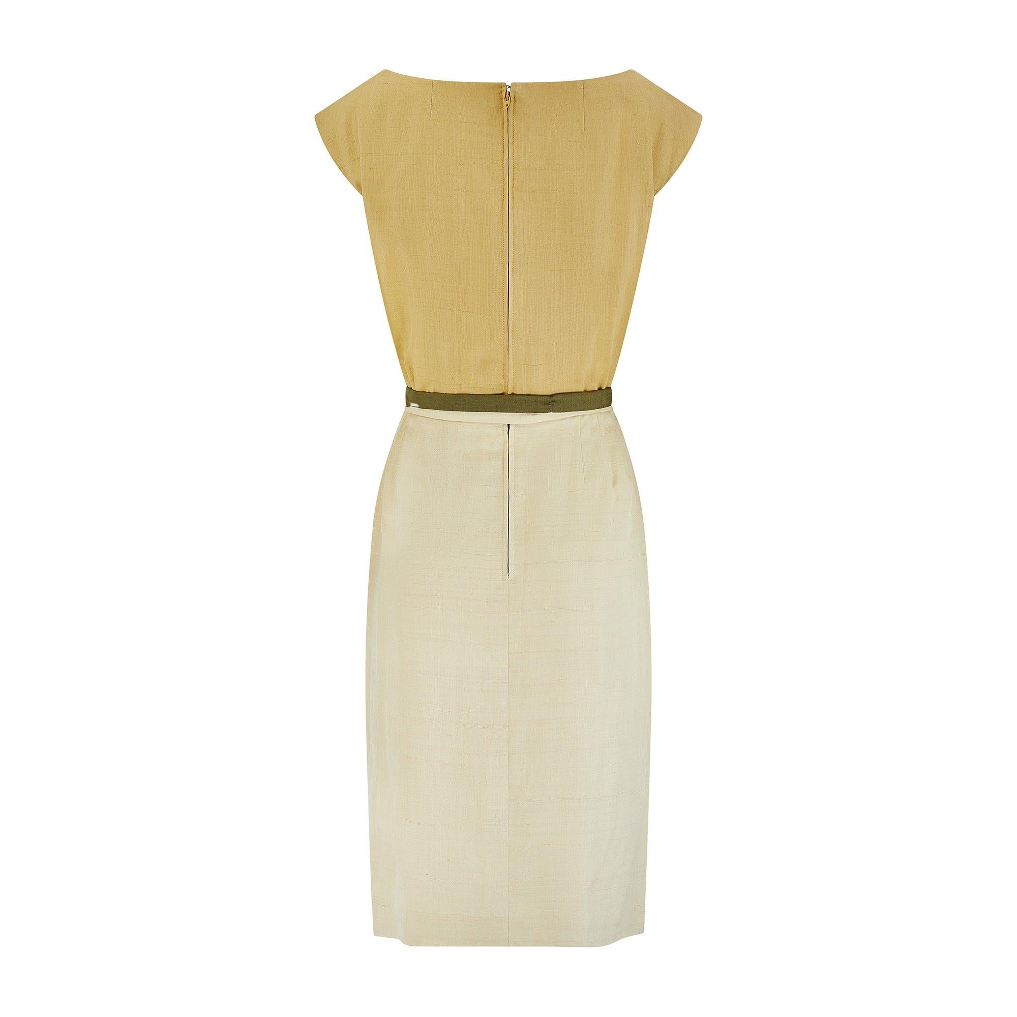 Beige 1960s Jane Frye Silk Green Dress with 3D Floral Applique For Sale