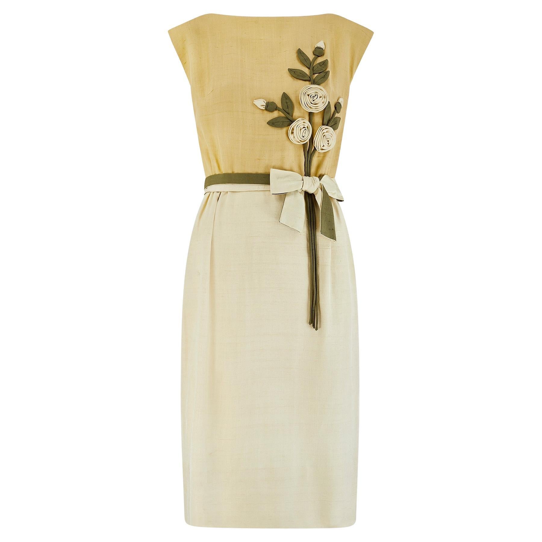 1960s Jane Frye Silk Green Dress with 3D Floral Applique For Sale