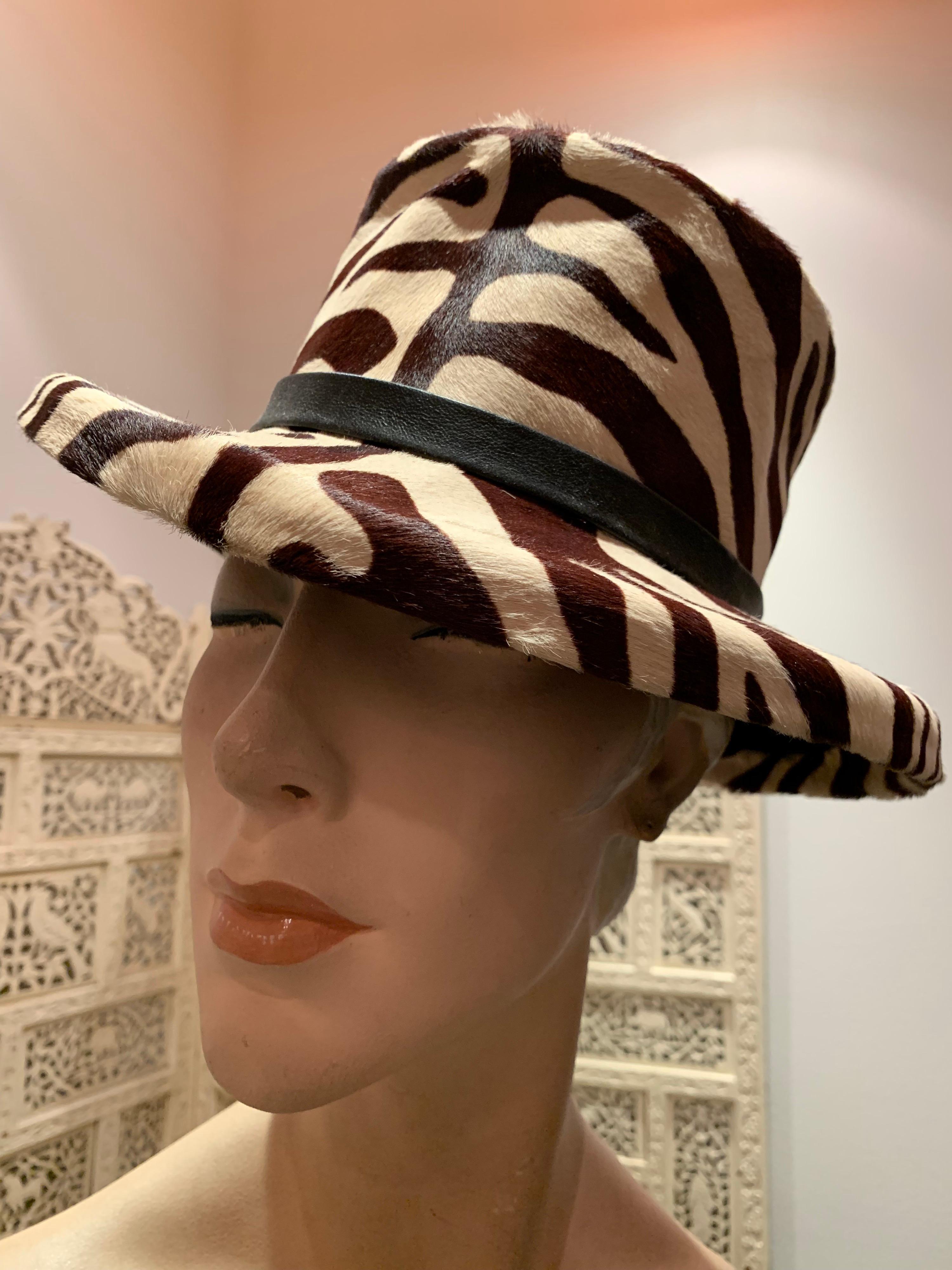 1960s Janet Leitner Mod zebra-stenciled calfskin bucket hat with a flat structured crown. Hide is molded over a fur felt base for structure. Knotted leather band. Fantastic condition.  