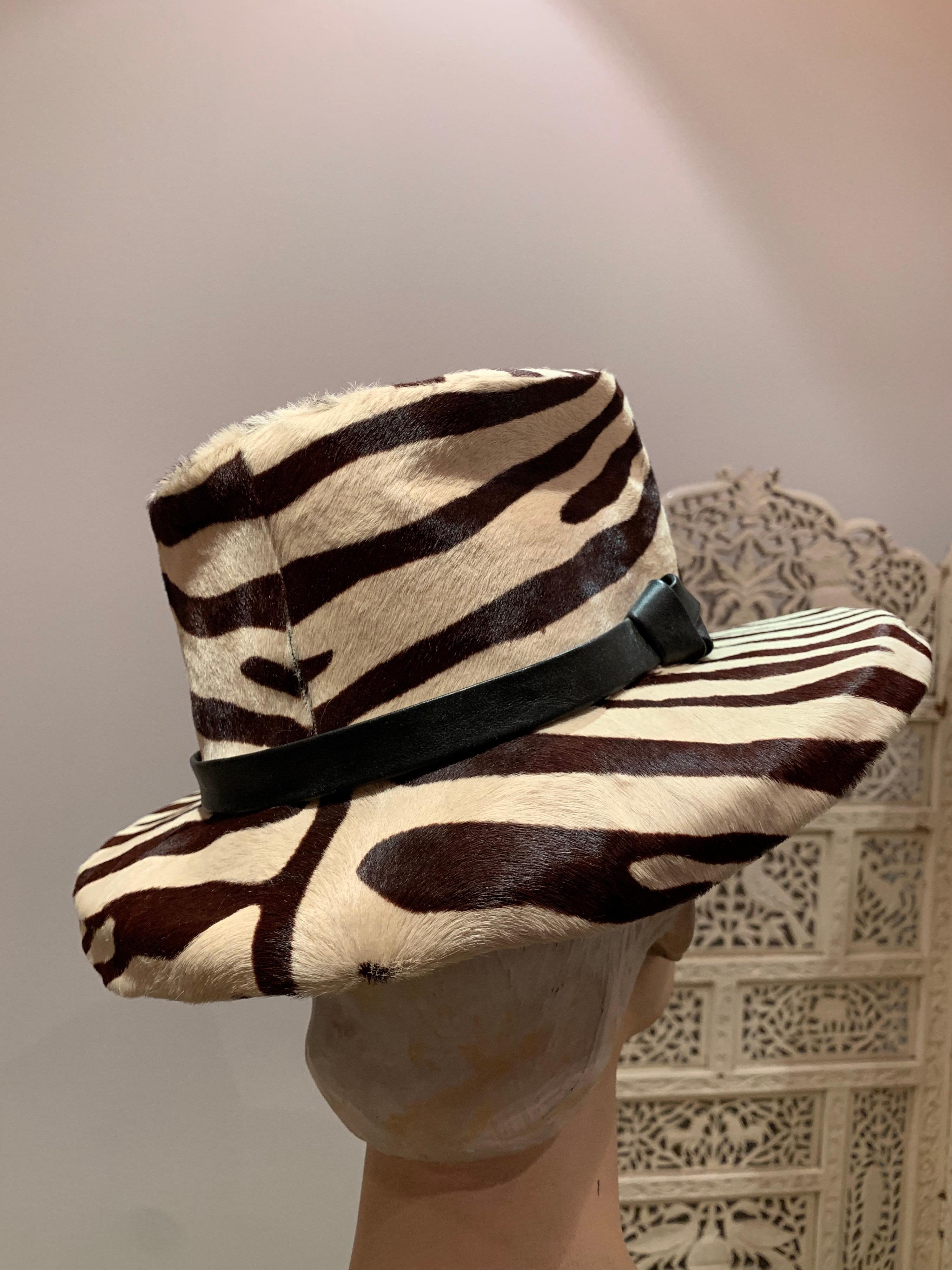 Black 1960s Janet Leitner Mod Zebra Stenciled Calfskin Bucket Hat W/ Structured Crown