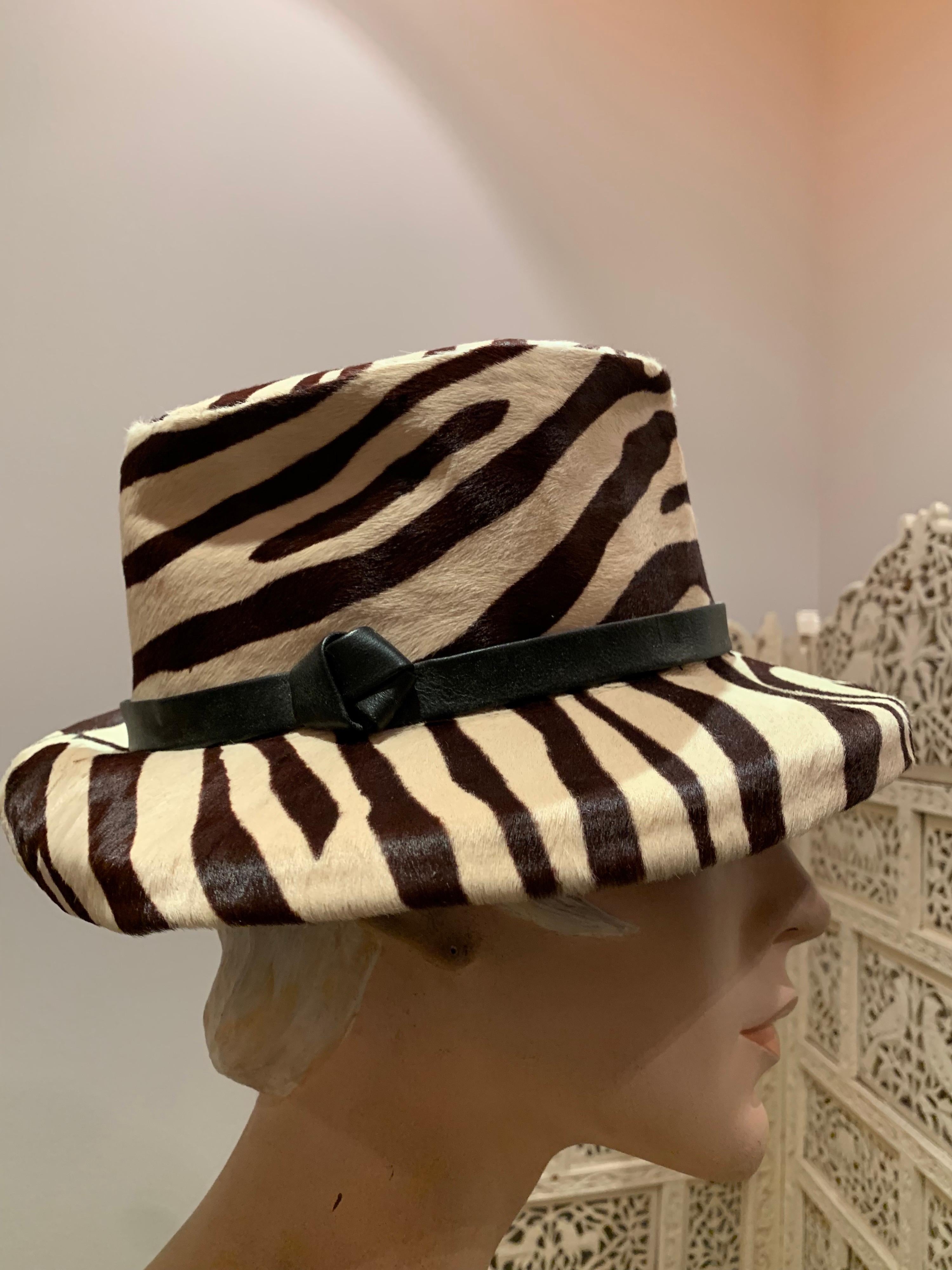 1960s Janet Leitner Mod Zebra Stenciled Calfskin Bucket Hat W/ Structured Crown In Excellent Condition In Gresham, OR
