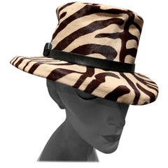 Vintage 1960s Janet Leitner Mod Zebra Stenciled Calfskin Bucket Hat W/ Structured Crown