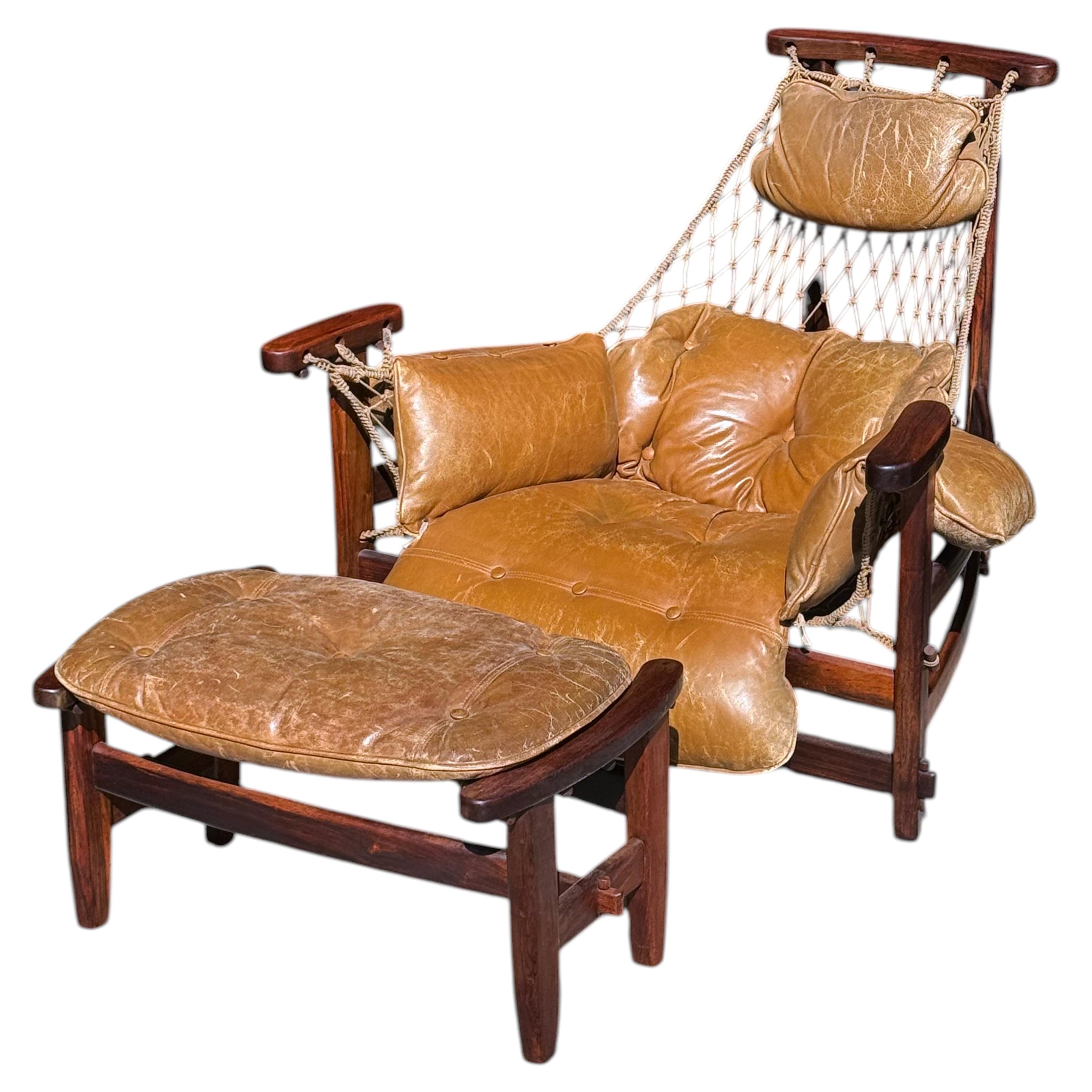 1960s Jangada Lounge Chair and Ottoman by Jean Gillon in hardwood and leather