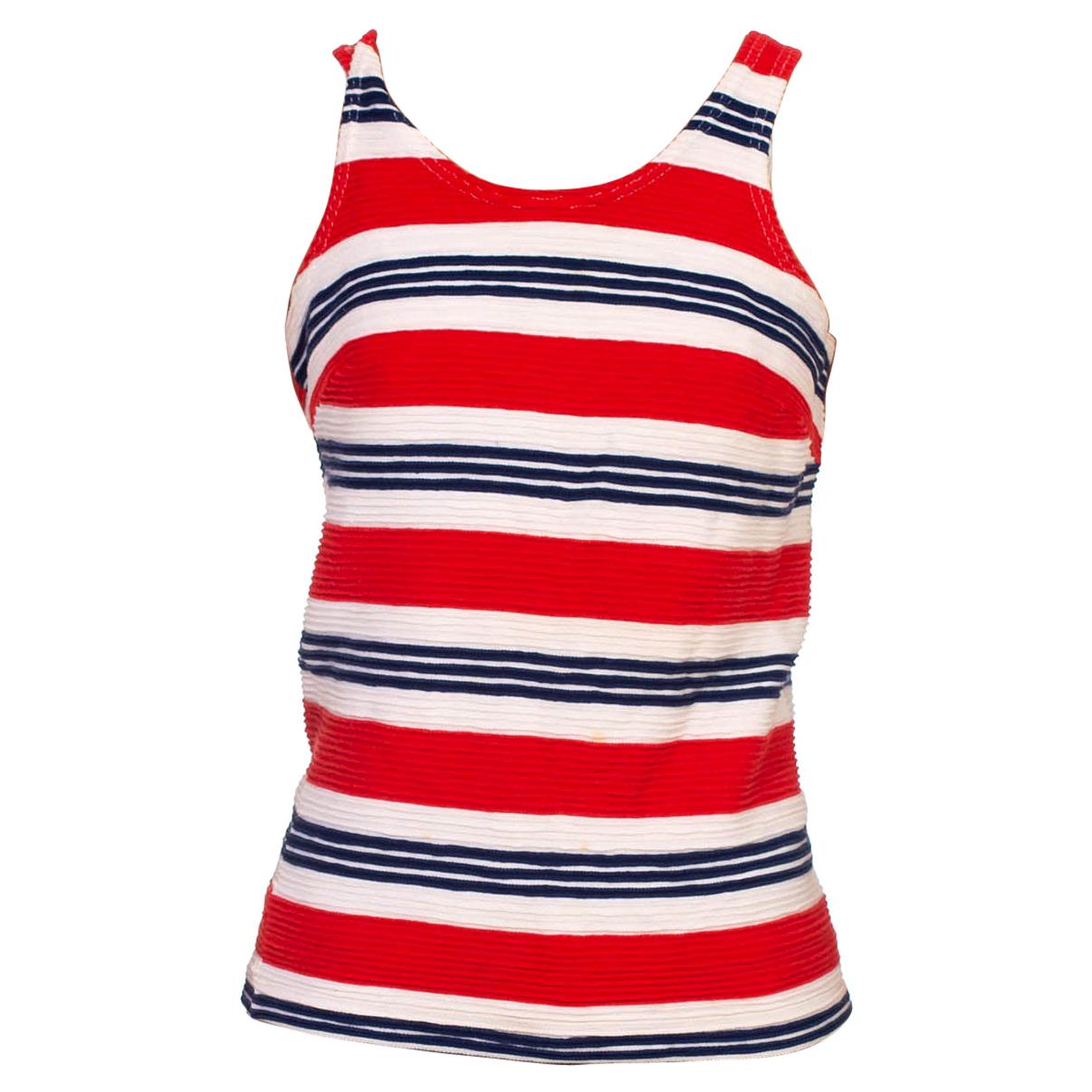 1960S JANZTEN Red, White & Blue Striped Cotton Top