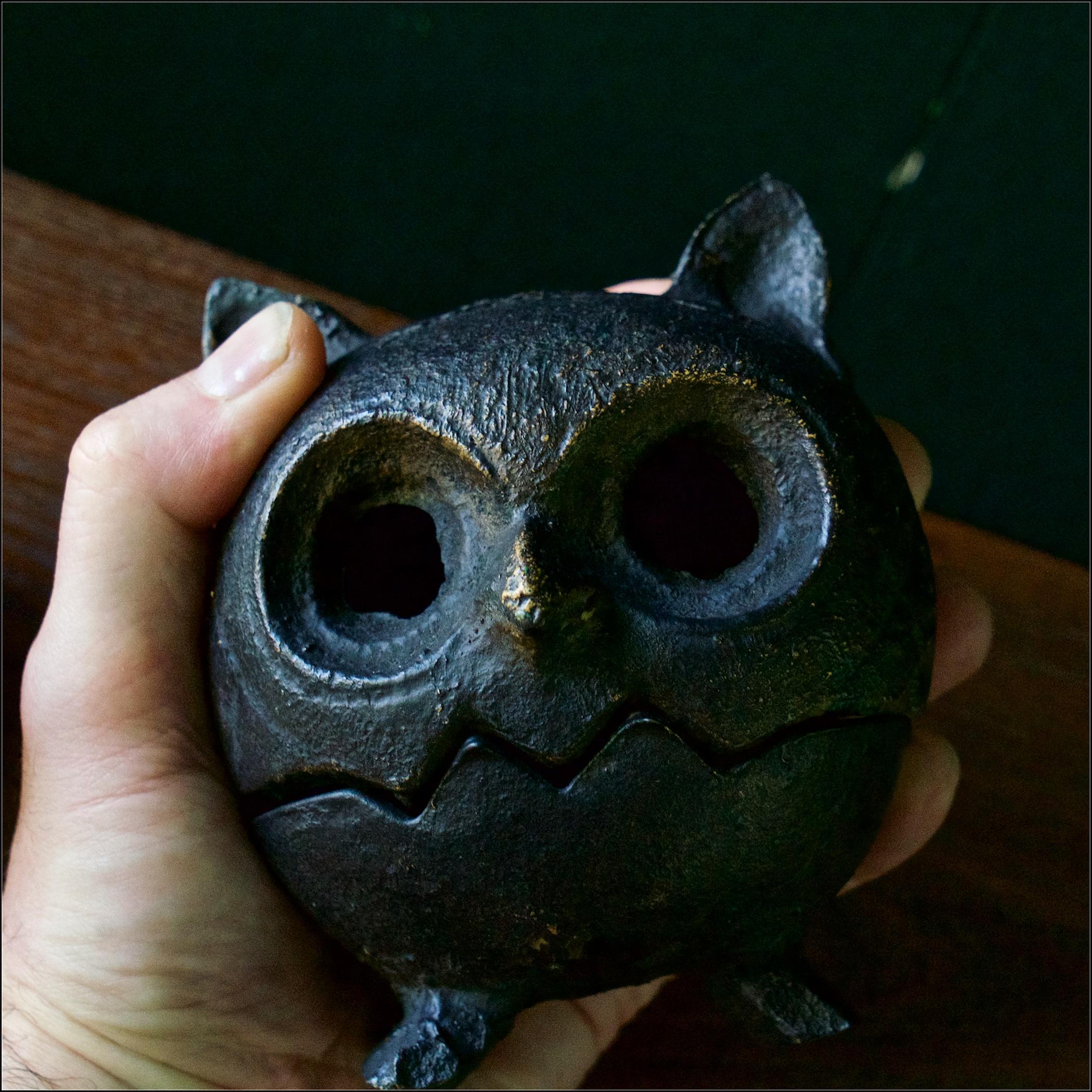 Metal 1960s Japan Cast Iron Owl Bird Lantern Incense Candleholder Mid-Century Brutal