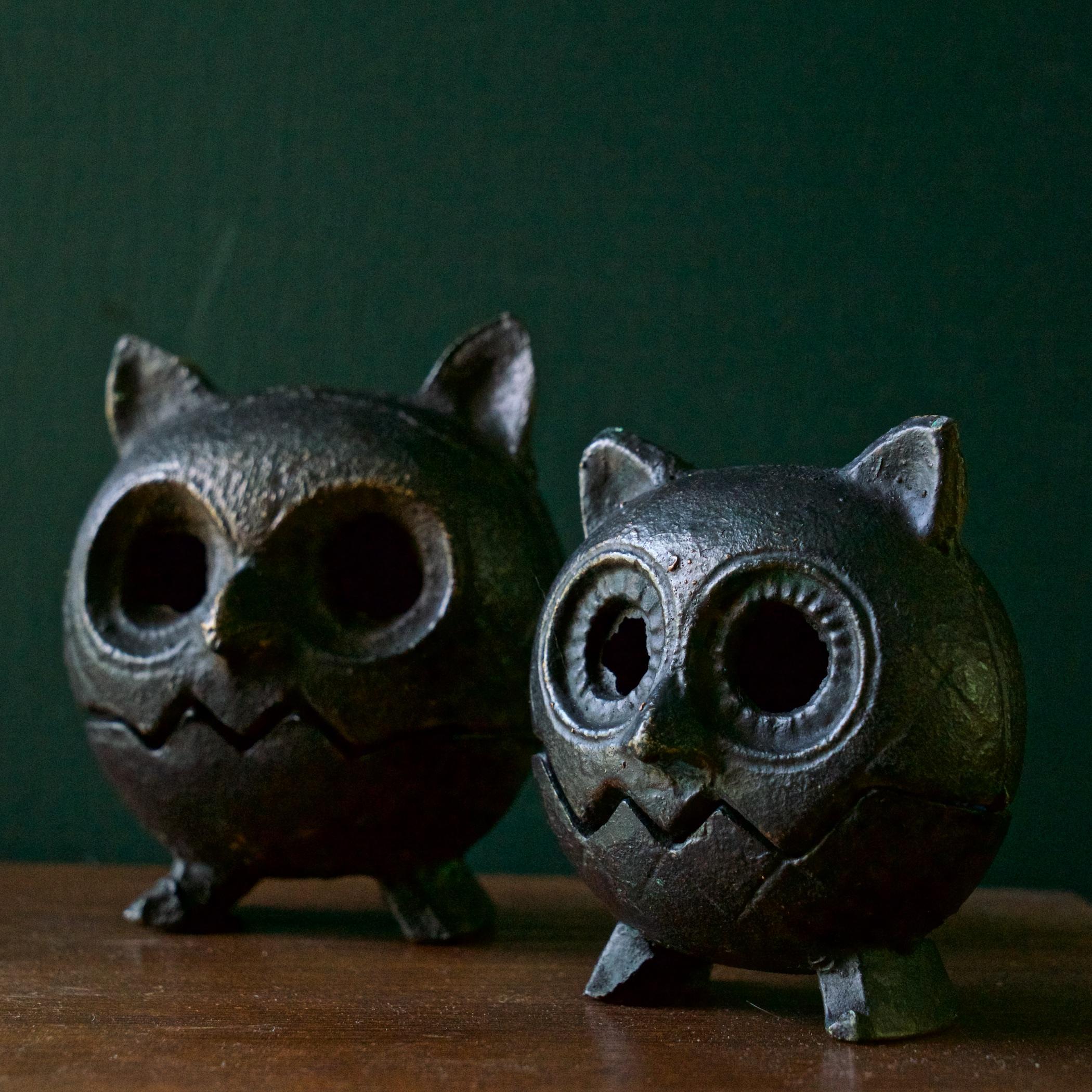 Mid-Century Modern 1960s Japan Cast Iron Owl Bird Lantern Incense Candleholder Mid-Century Brutal