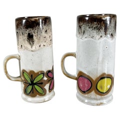 1960s Japan MCM Set of Two Colorful Mugs Hand Painted Stoneware Lava Glaze