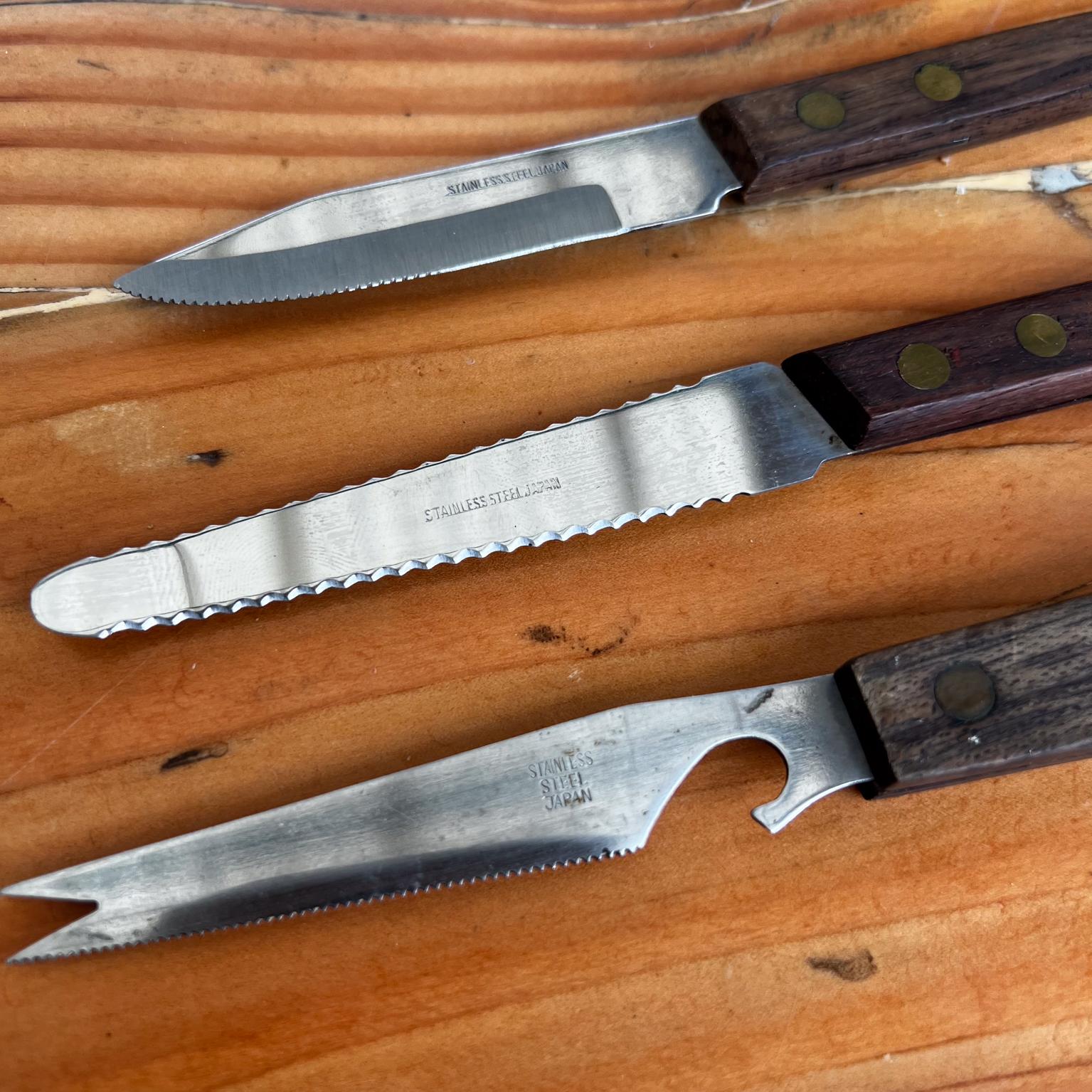 1960s Japanese 3 Knife Set Utility Cutlery Rosewood & Stainless Steel In Good Condition In Chula Vista, CA