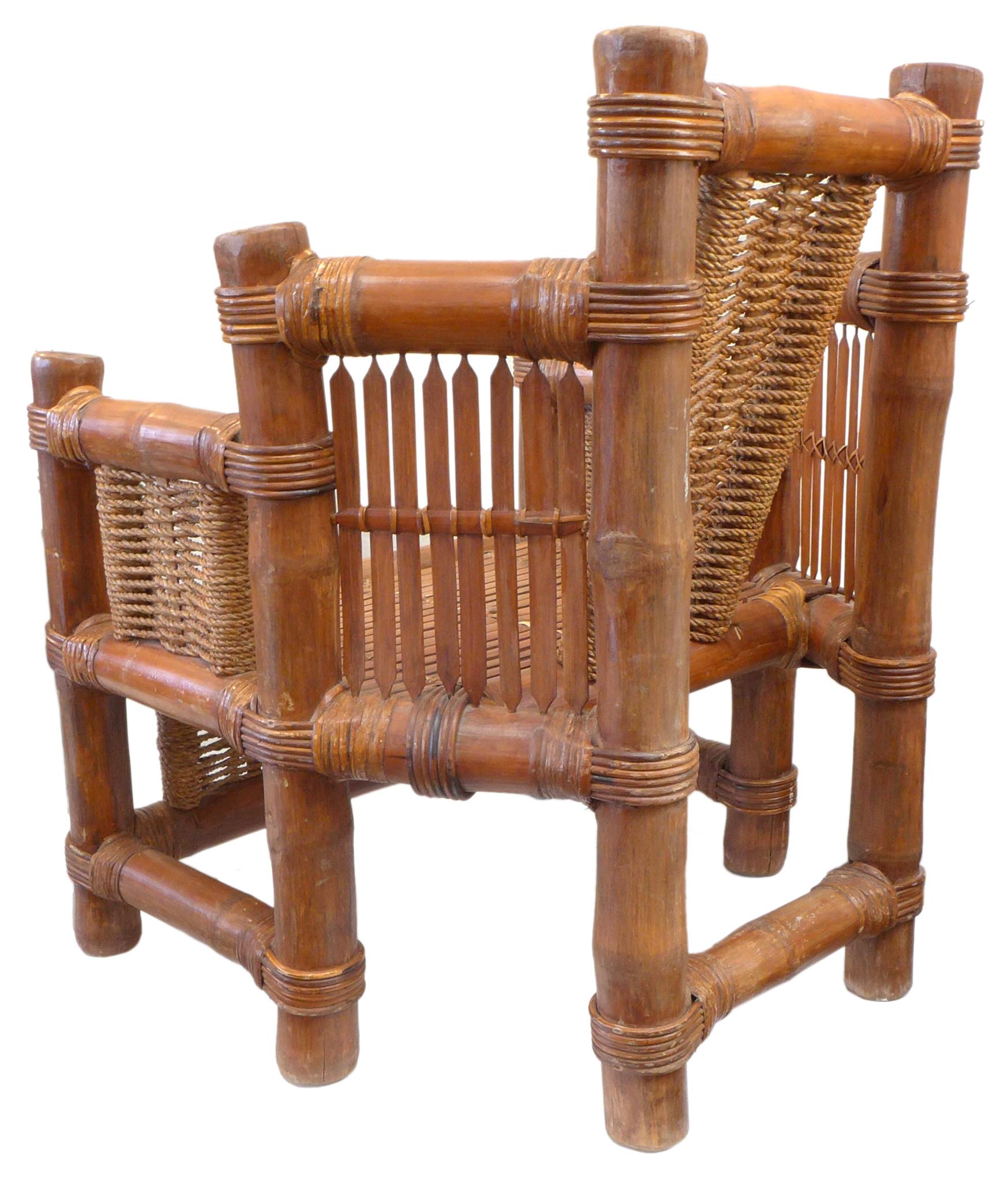 1960s Japanese Bamboo, Rattan & Woven Rope Arm Chair In Good Condition For Sale In Los Angeles, CA