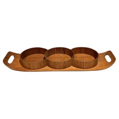 Bandeja de servicio japonesa de madera contrachapada de teca seccionada de los años 60