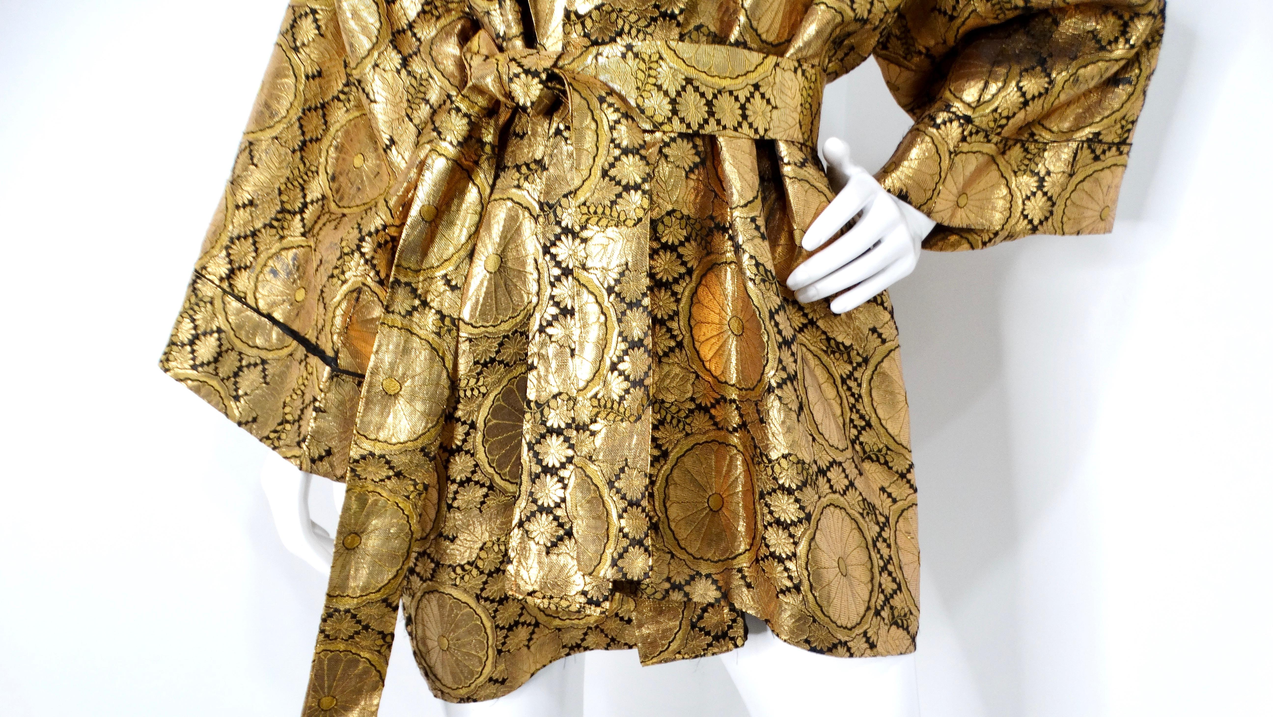 Brown 1960s Japanese Black & Gold Metallic Floral Print Smoking Jacket