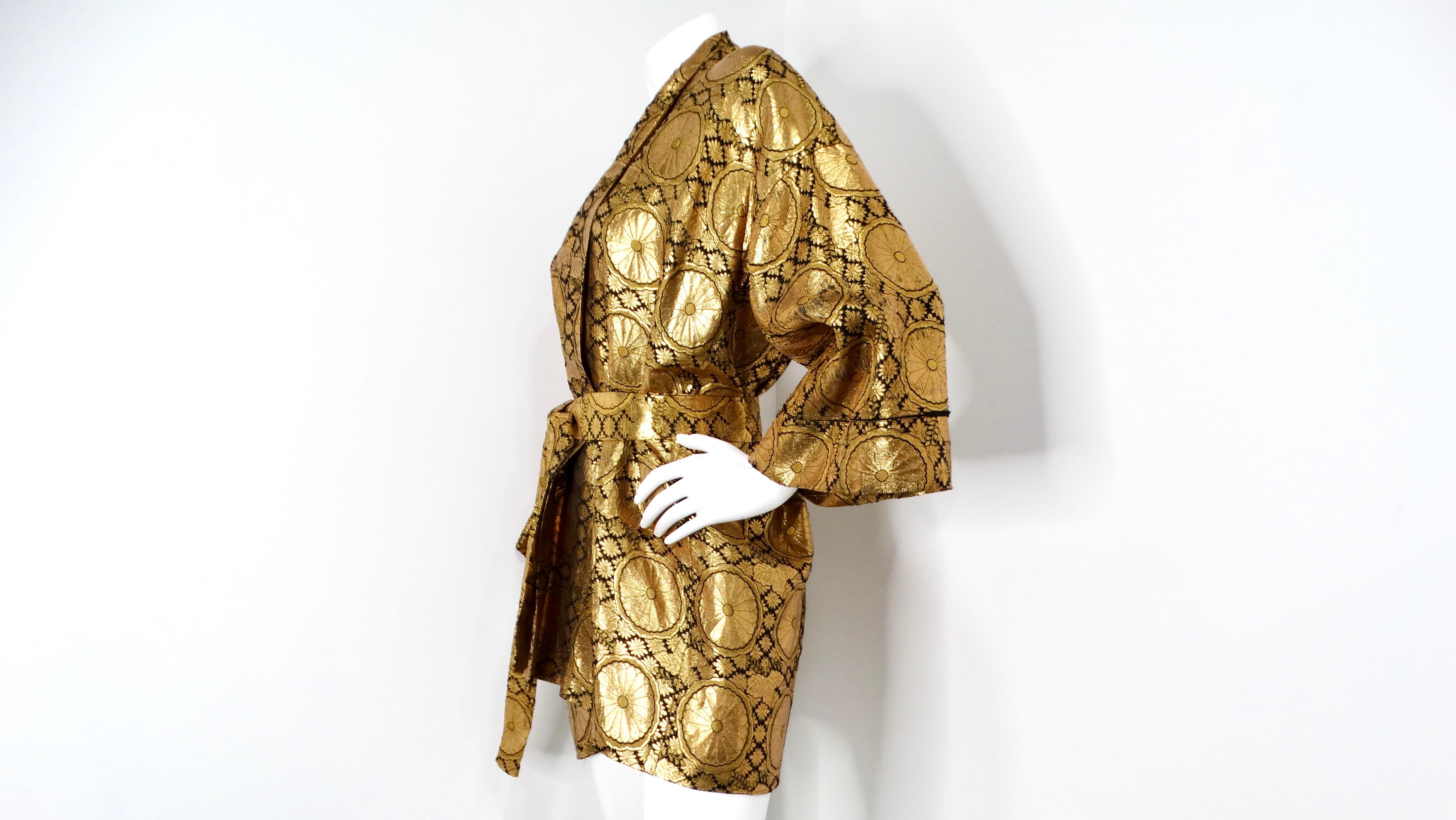 Women's or Men's 1960s Japanese Black & Gold Metallic Floral Print Smoking Jacket