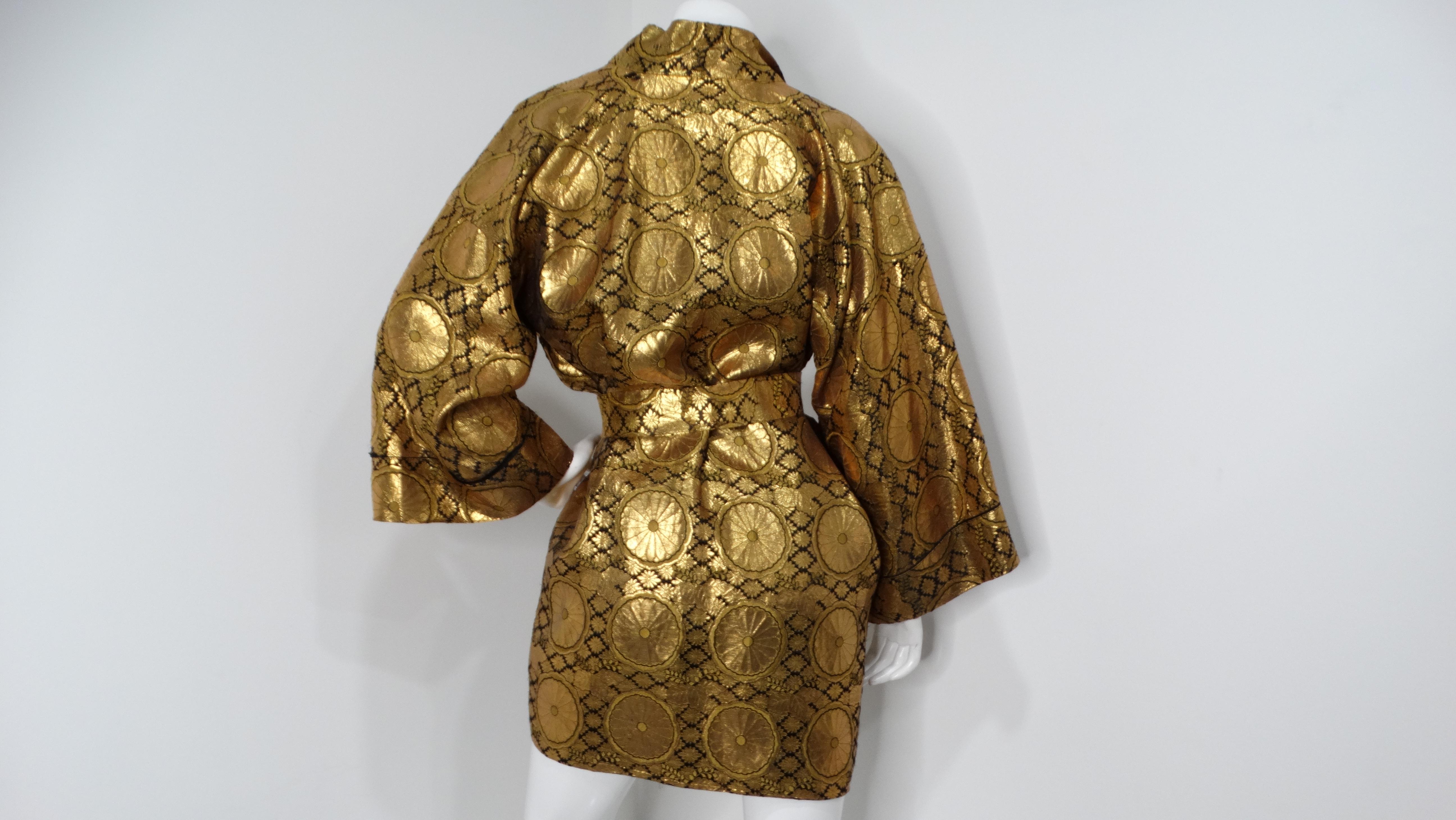 1960s Japanese Black & Gold Metallic Floral Print Smoking Jacket 1