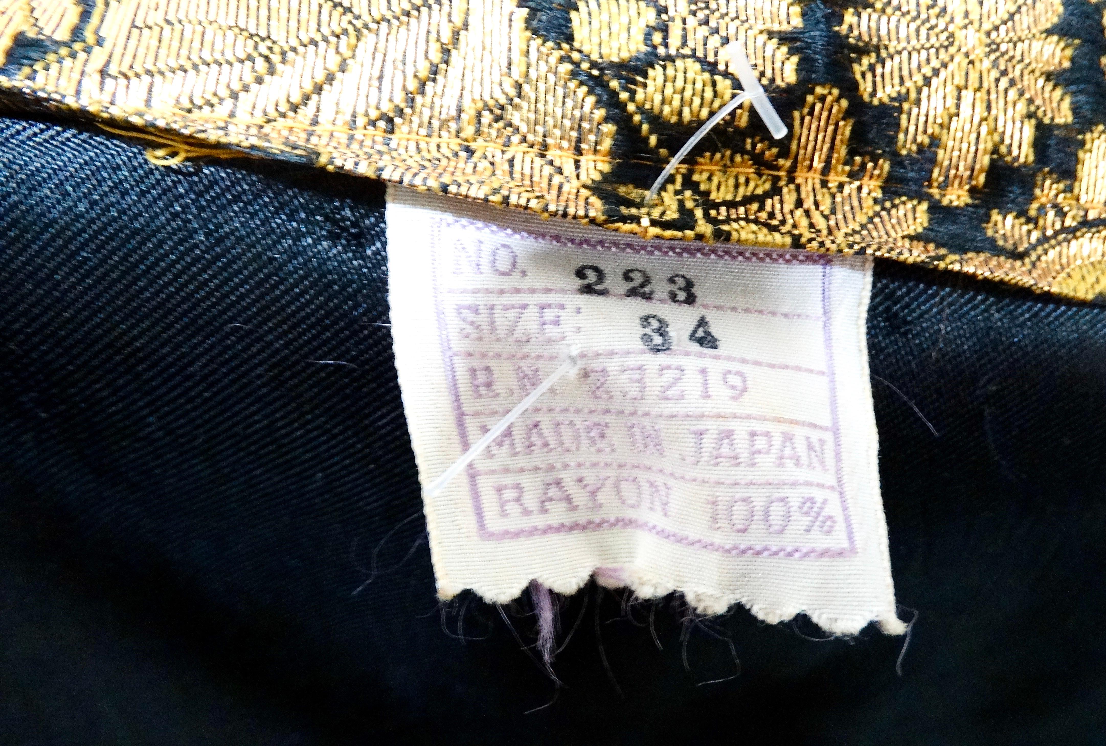 1960s Japanese Black & Gold Metallic Floral Print Smoking Jacket 4