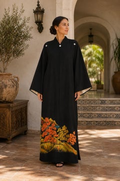 Japanese Black Silk Kuro Tomesode Kimono with Hand-Painted Autumn Landscape 1960